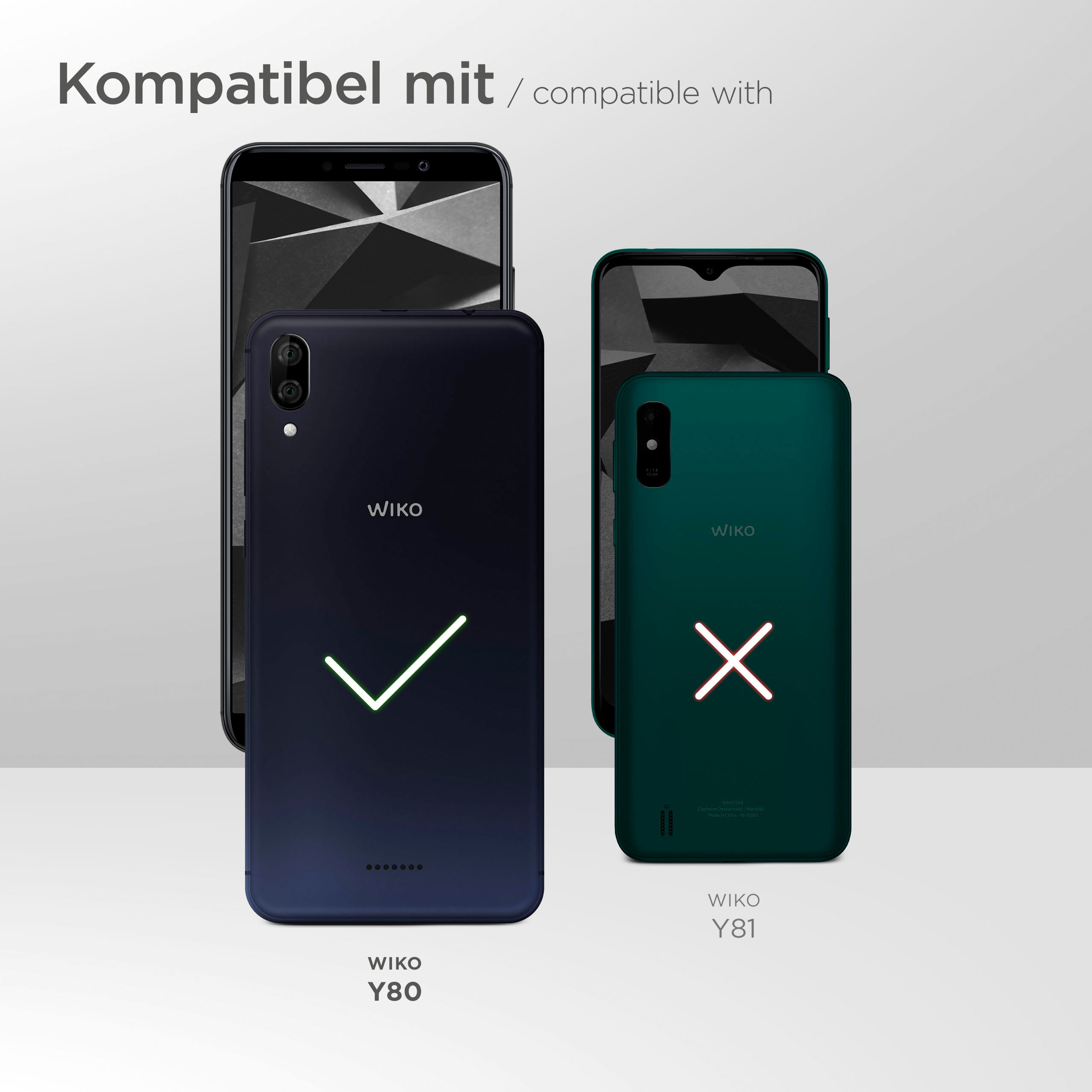 Smartphones, Kompatibilitätstabelle. Wiko Y80 ist kompatibel, Wiko Y81 mit rotem X markiert.