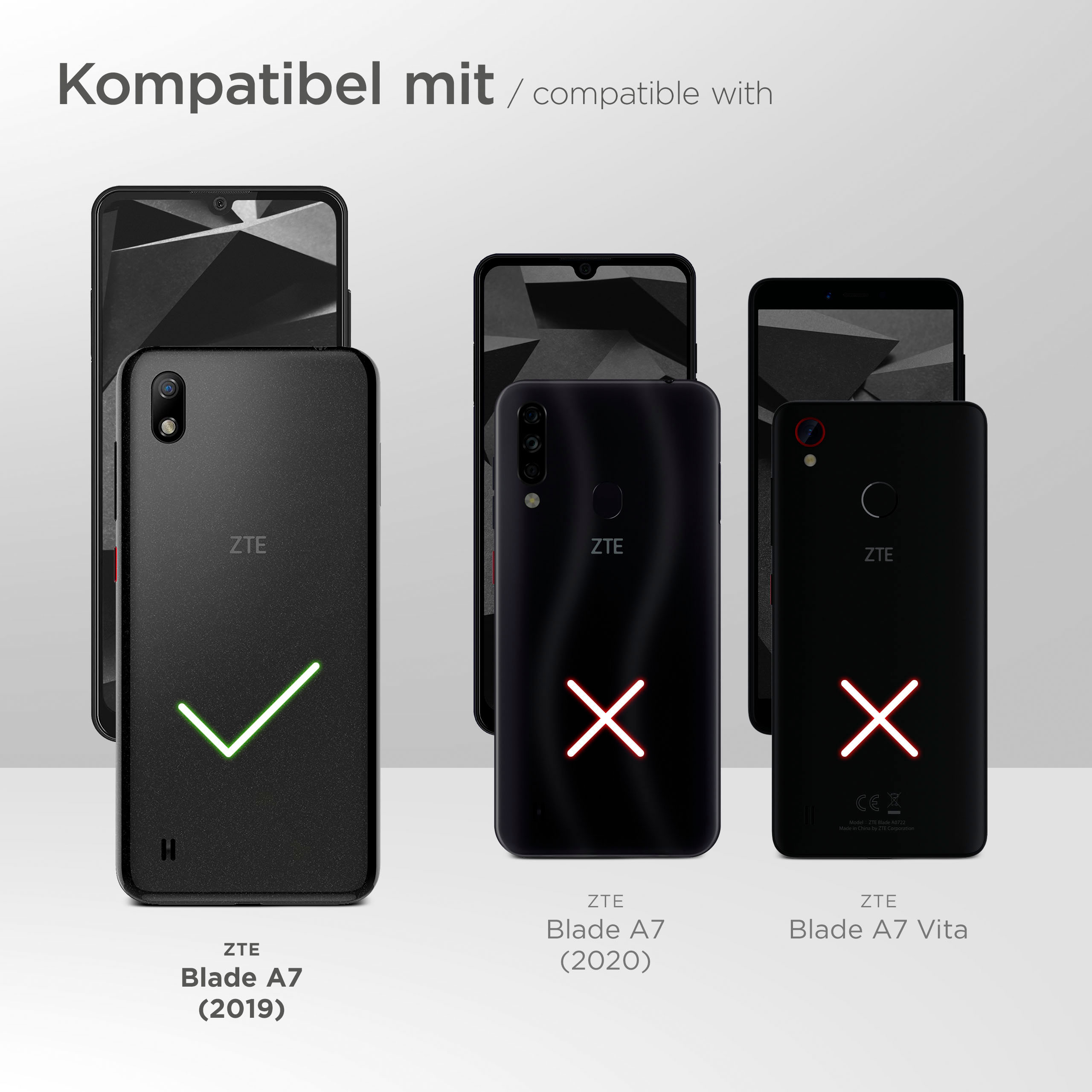 Handys mit rotem X oder grünem Häkchen. Kompatible Handys: ZTE Blade A7 (2019). Andere haben ein X.