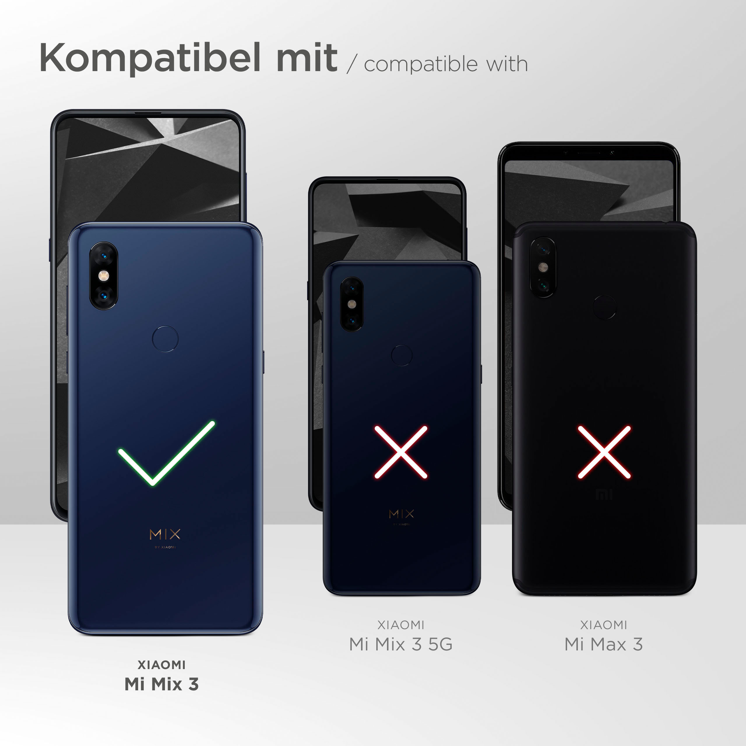 Drei Telefone, zwei mit X markiert, eines mit Haken, was die Kompatibilität anzeigt.
