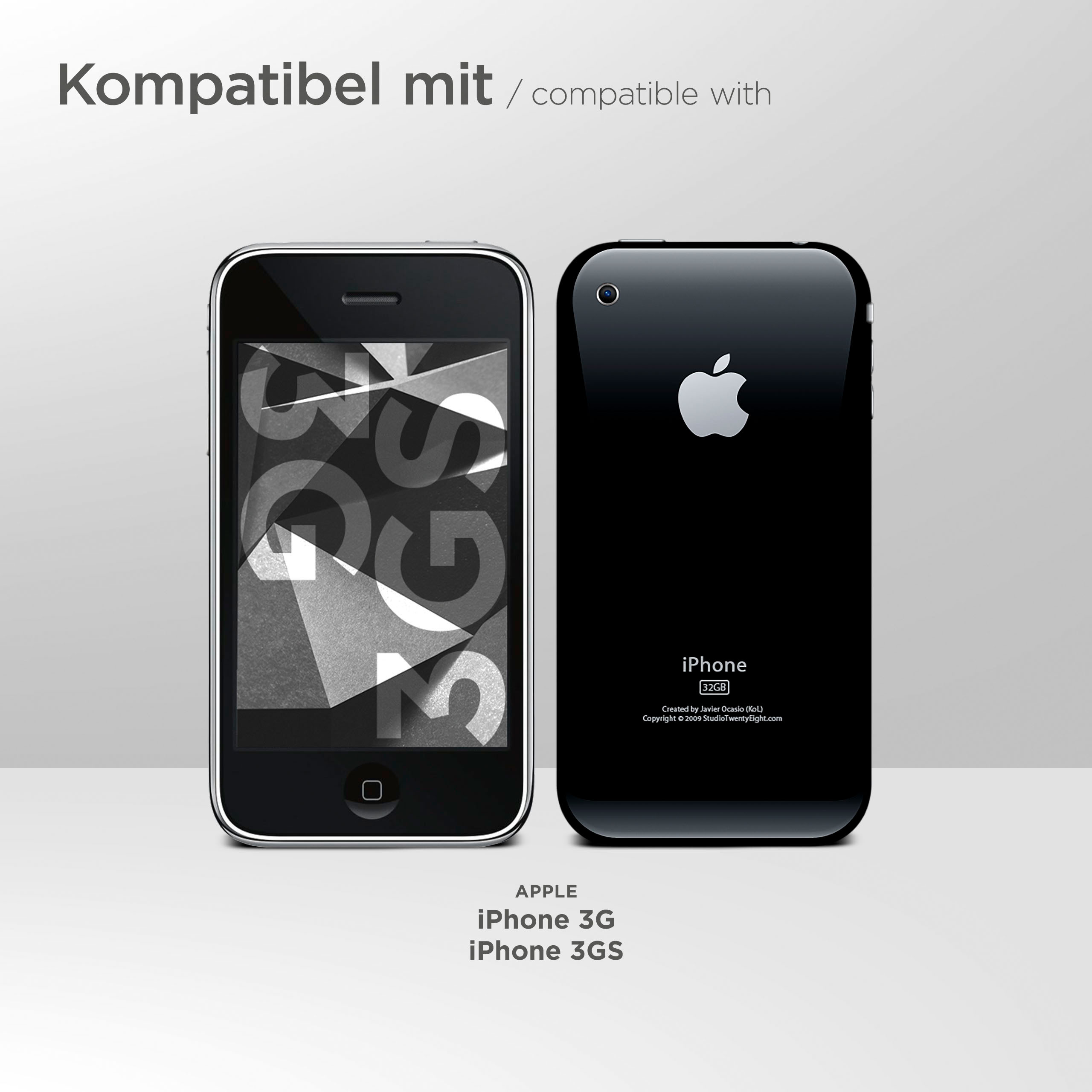Zwei schwarze iPhones, Vorder- und Rückansicht, mit Text und Apple-Logo.