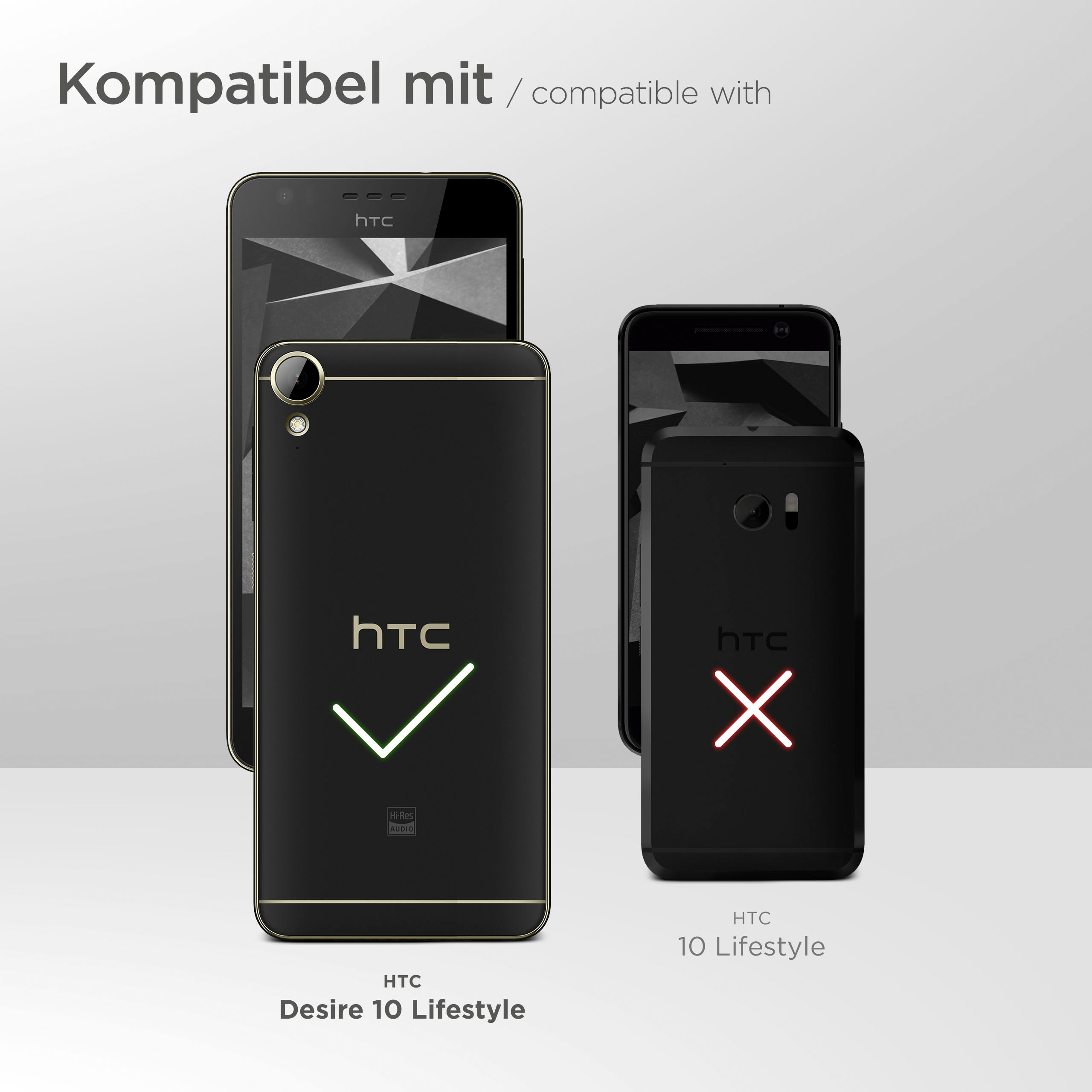 Das Bild zeigt Telefone, ein kompatibles HTC Desire und ein inkompatibles HTC 10 Lifestyle, mit grünen und roten Häkchen.