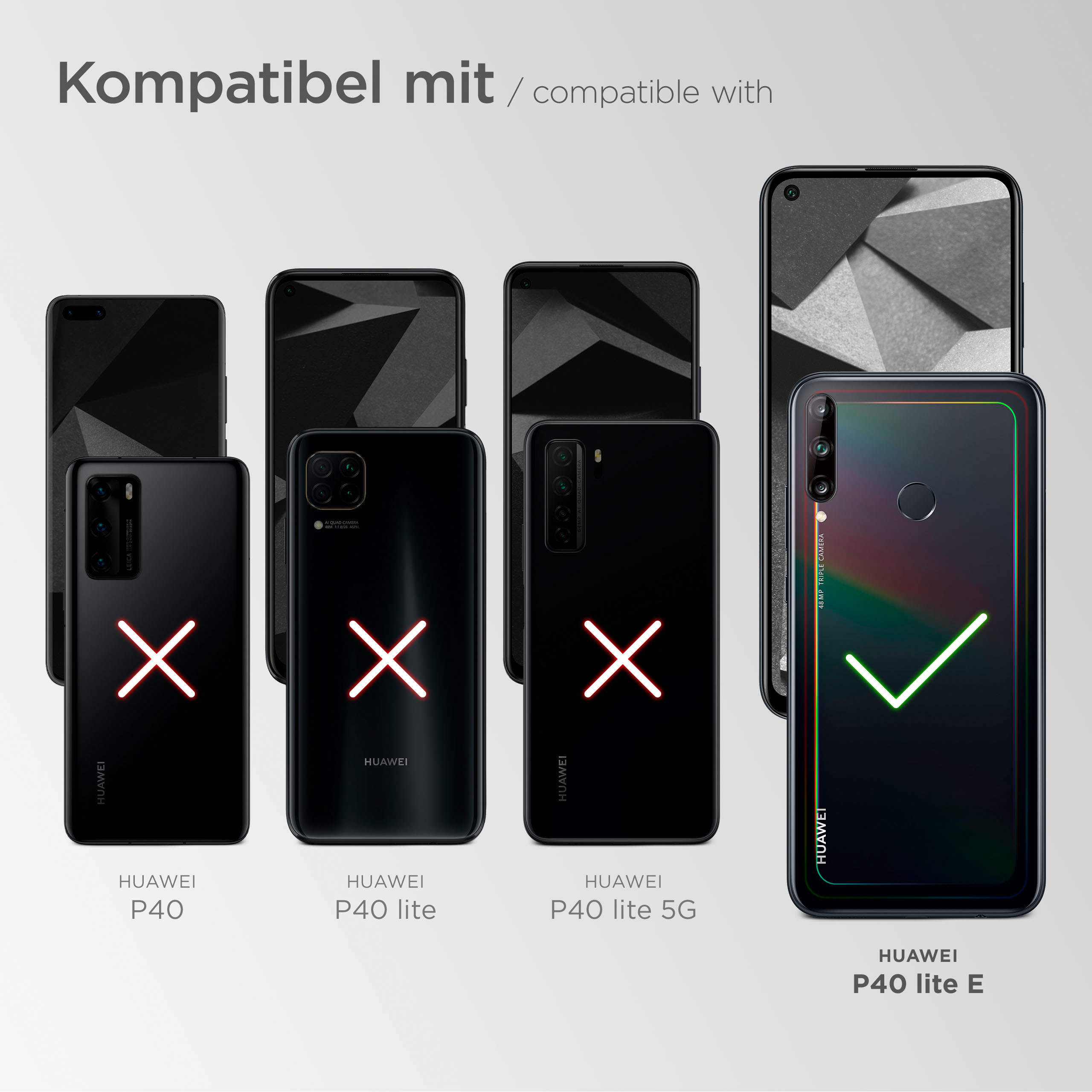 Handys mit rotem X oder grünem Häkchen. Kompatible Handys: Huawei P40 lite E. Andere haben ein X.