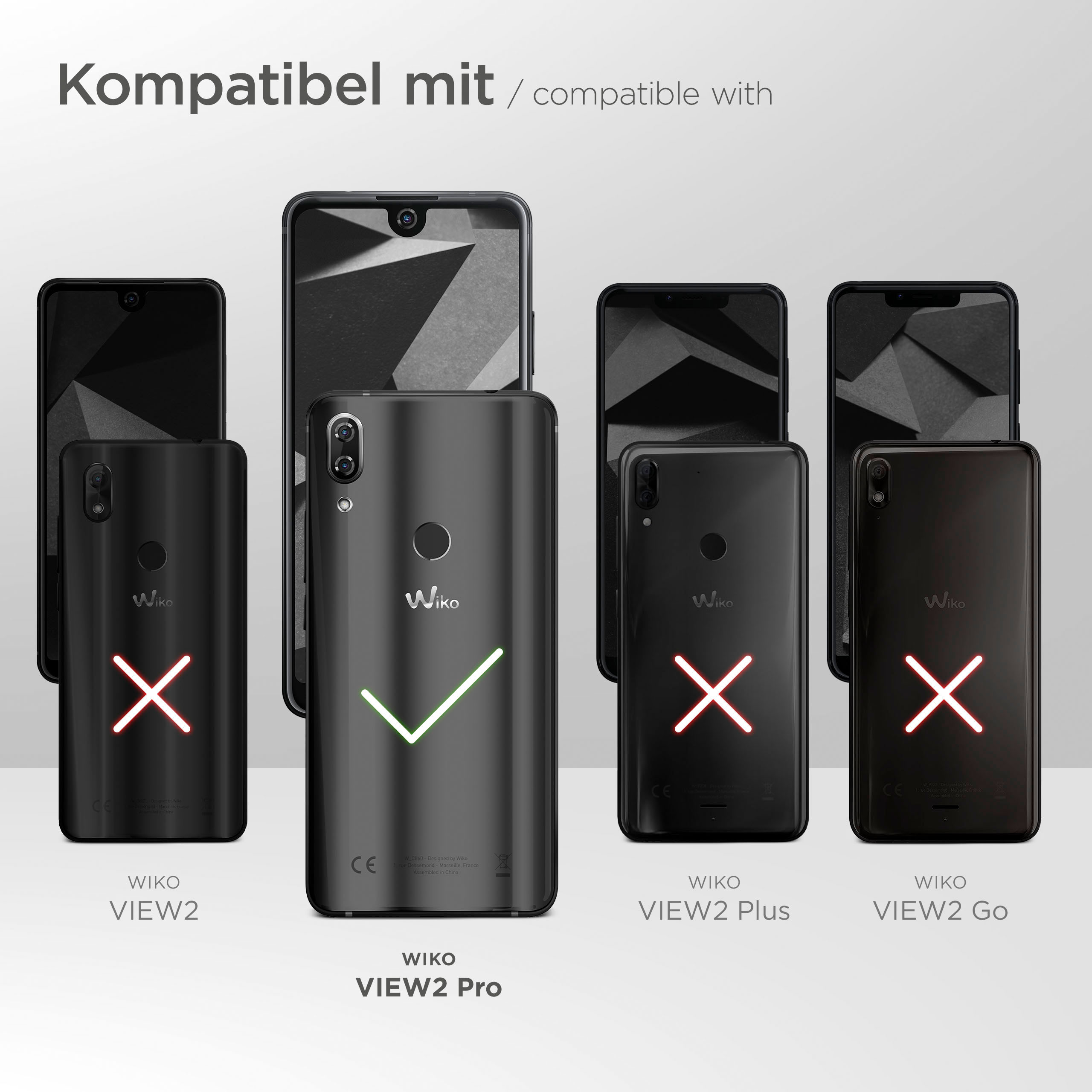 Telefone mit Rückseiten. View2 Pro hat ein Häkchen, andere ein X. Text: Kompatibel mit.