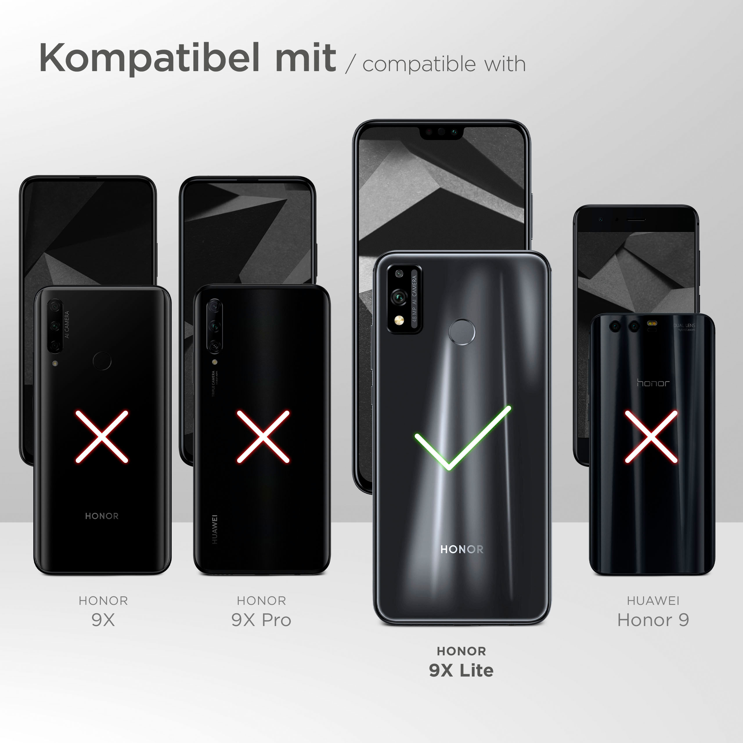 Bild zeigt mehrere schwarze Telefone, nur eines mit grünem Häkchen, das die Kompatibilität anzeigt. Andere haben rote X's.
