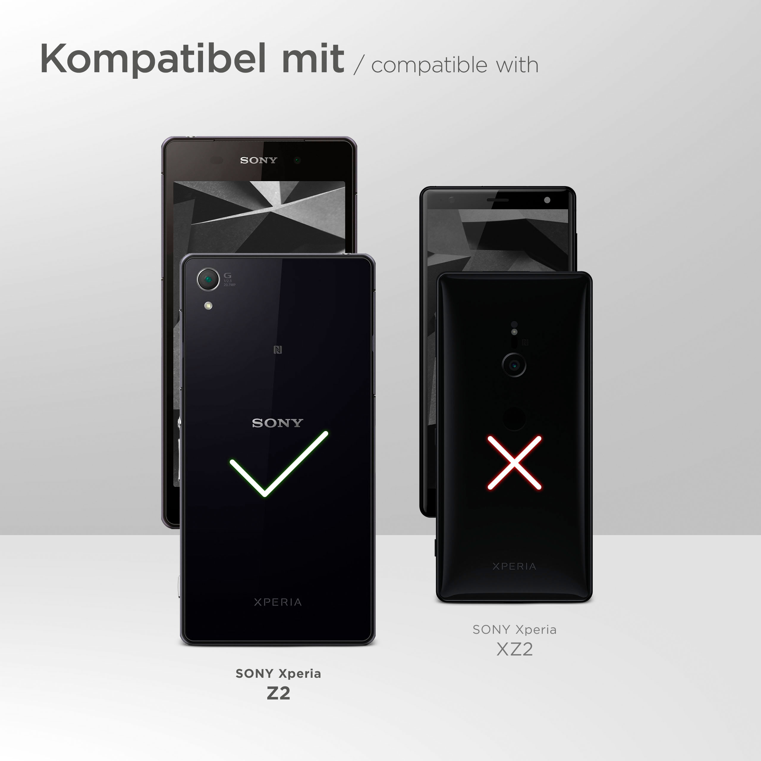 Das Bild zeigt Mobiltelefone. Einige haben ein Häkchen, andere ein X. Text: "kompatibel mit".