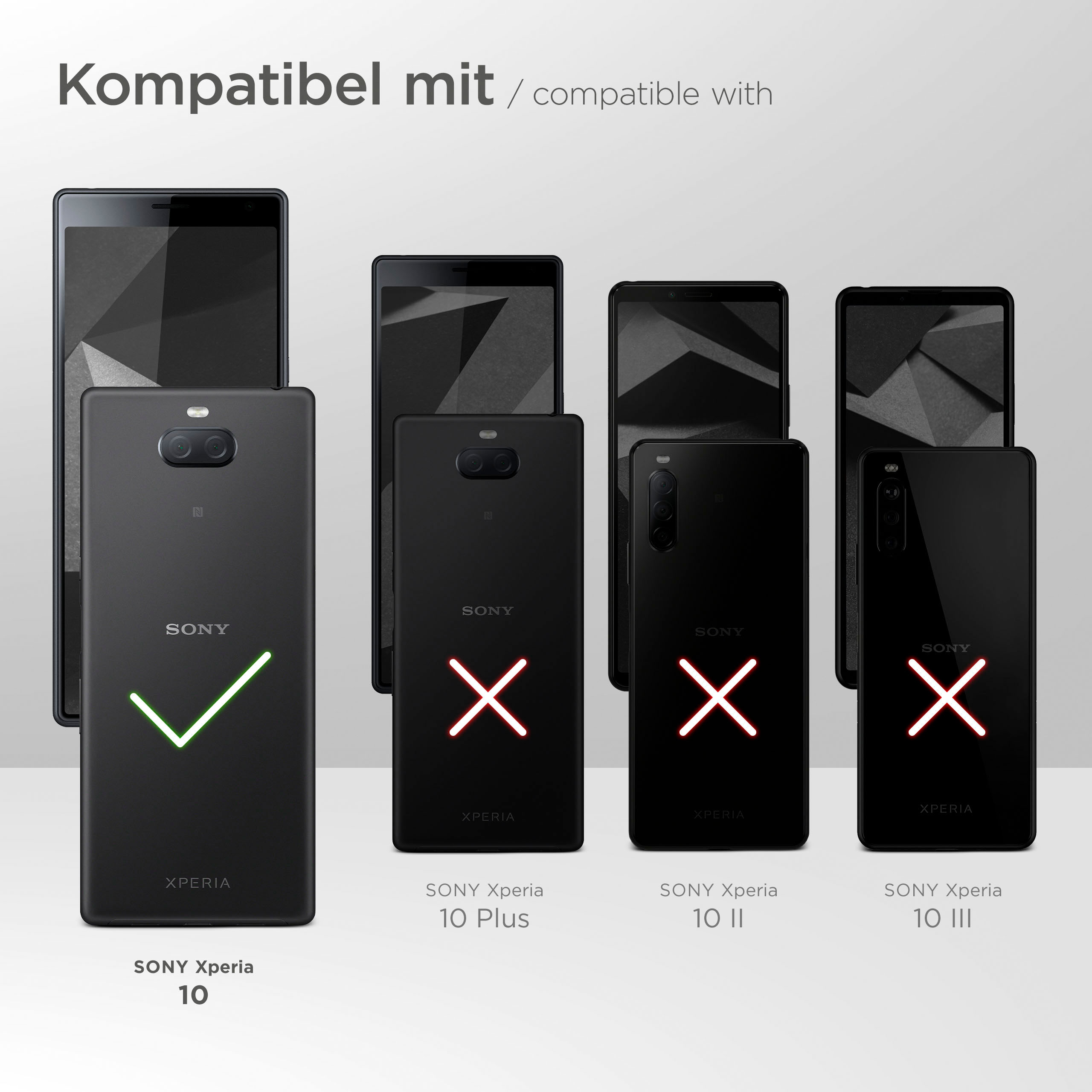 Das Bild zeigt mehrere Telefone, wobei nur eines kompatibel ist (Sony Xperia 10) mit einem Häkchen markiert.