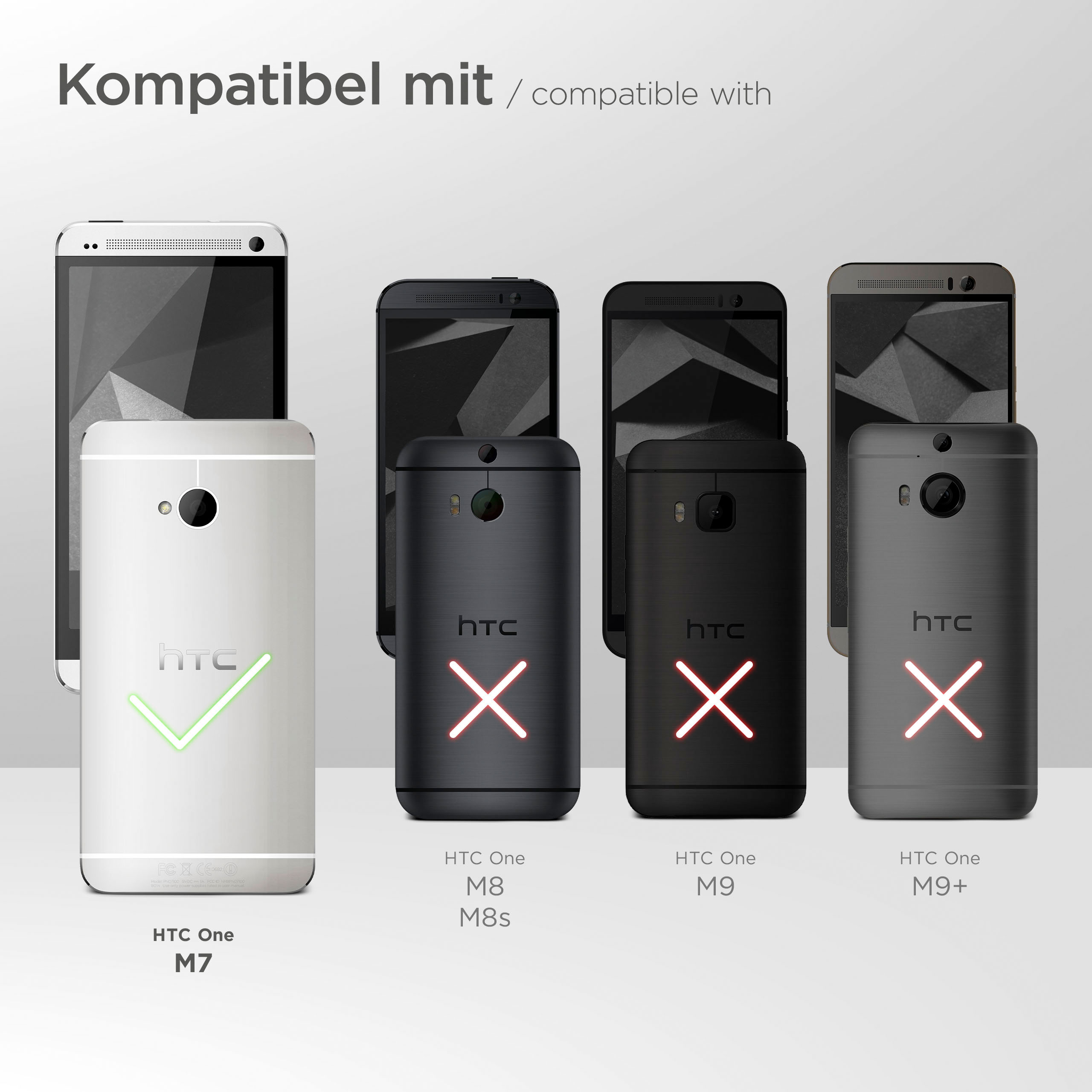 Handyhüllen mit roten X und Häkchen. Die Telefone sind HTC One M7, M8s, M9 und M9+.