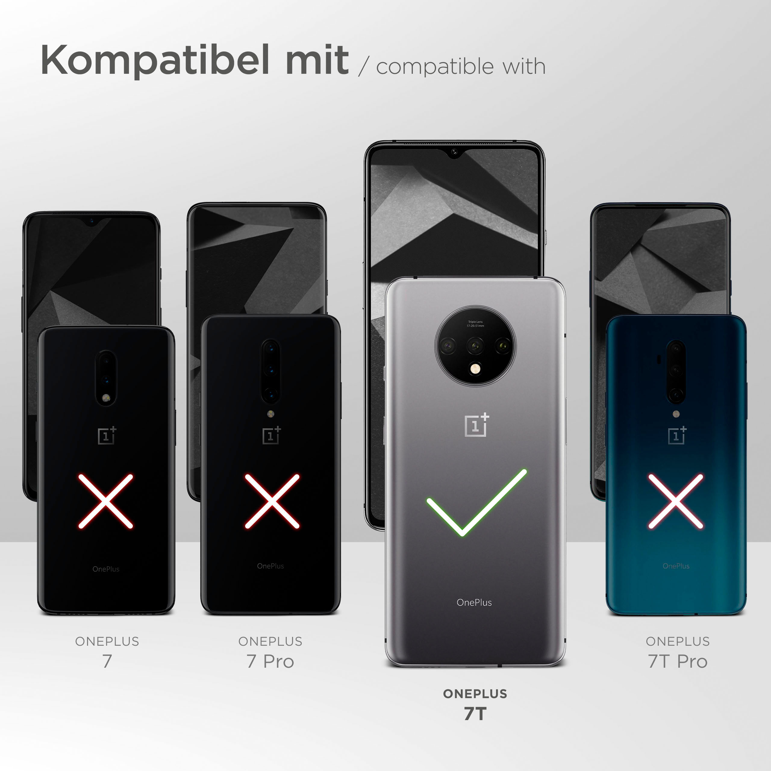 Telefone zeigen Kompatibilität. OnePlus 7T ist kompatibel, gekennzeichnet durch einen grünen Haken. Andere zeigen ein rotes X.