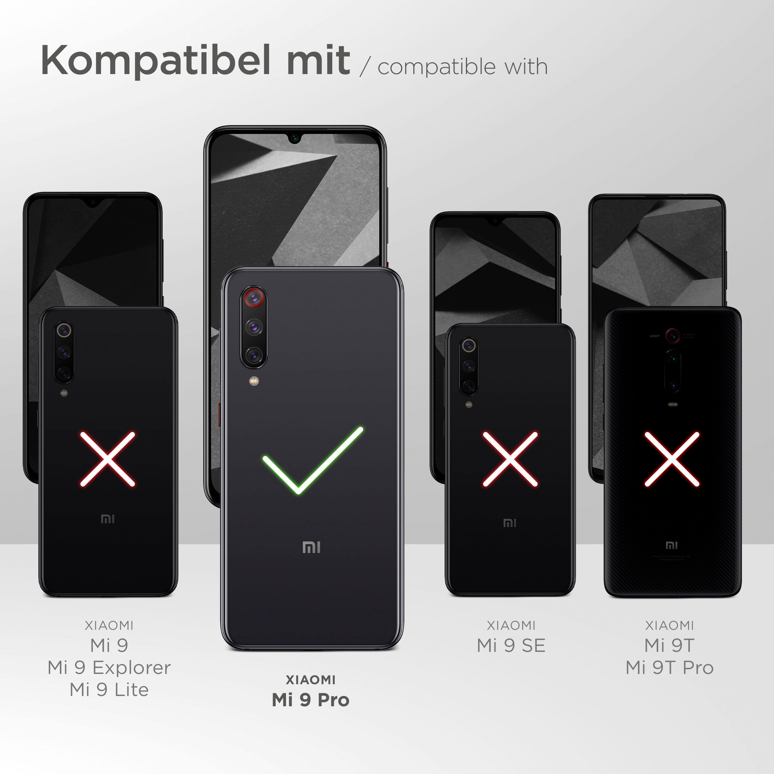 Smartphones werden angezeigt. Ein Telefon hat ein Häkchen, andere ein X, was die Kompatibilität anzeigt.