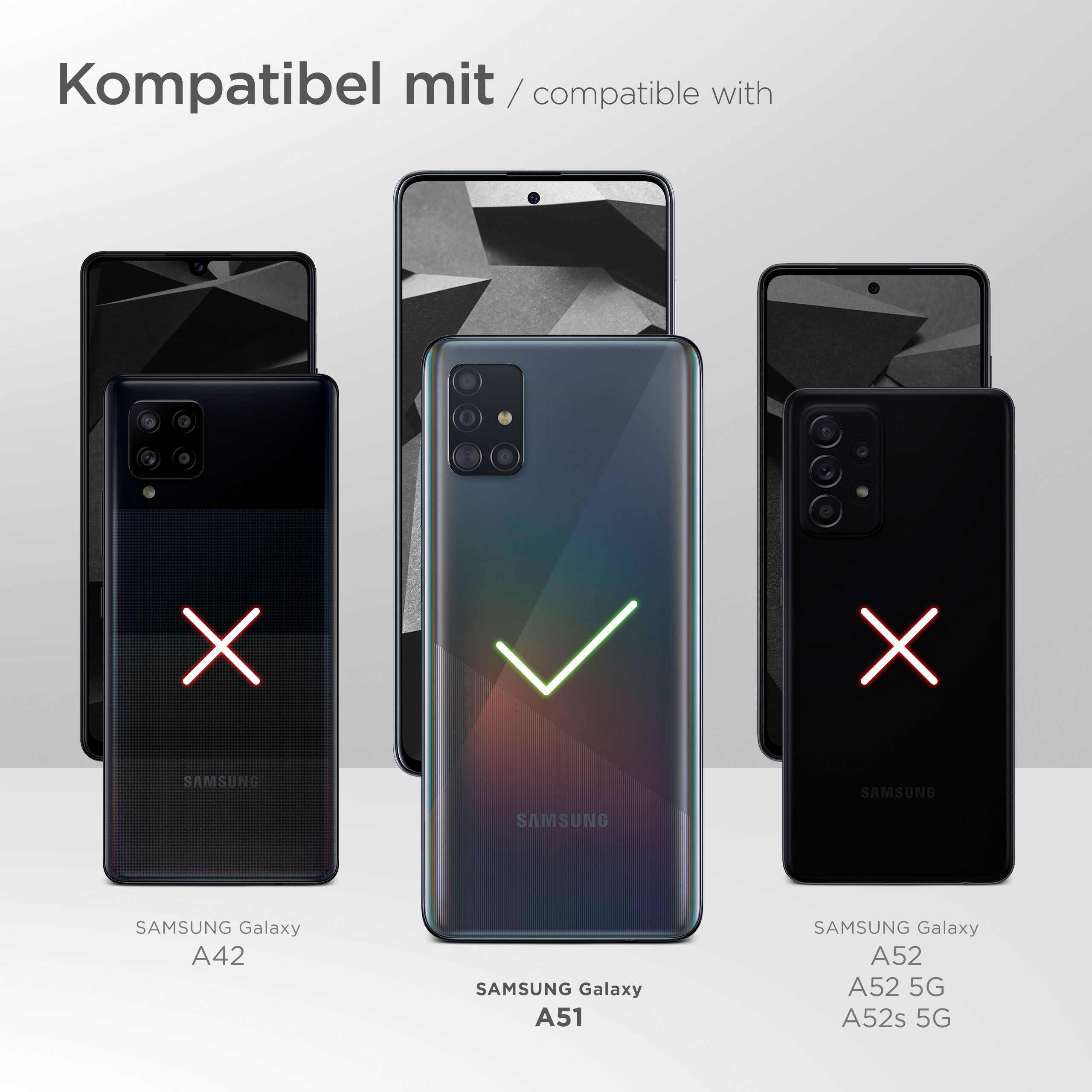Telefone mit Rückseiten. A51 hat ein Häkchen, andere ein X. Text: Kompatibel mit. Samsung auf Telefonen.
