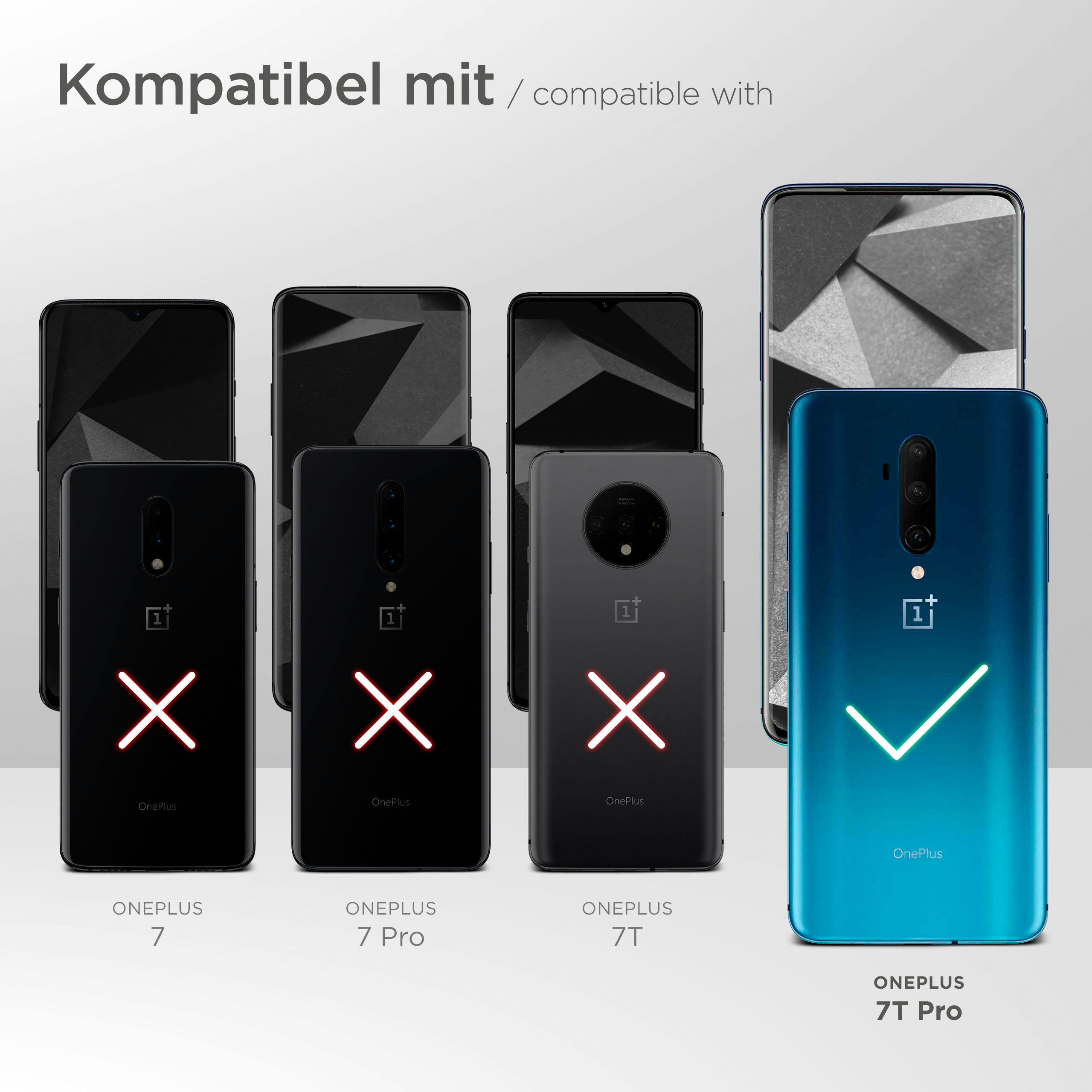 Smartphones, Kompatibilitätstabelle. OnePlus 7T Pro ist kompatibel, andere mit rotem X markiert.