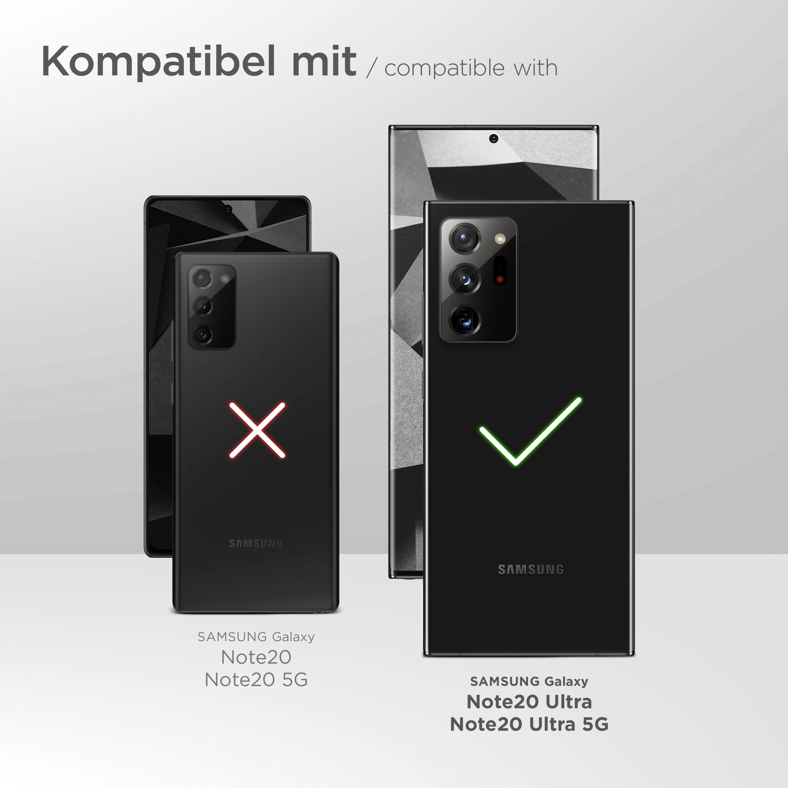 Drei Telefone nebeneinander, zwei mit rotem x, eines mit grünem Häkchen. Samsung-Branding.
