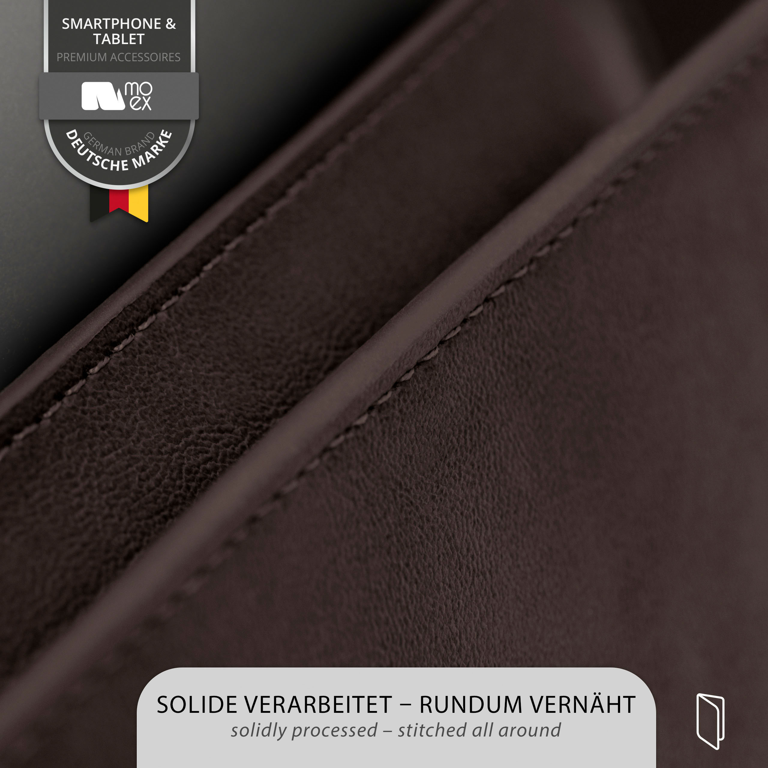 Nahaufnahme eines braunen Lederetuis mit Nähten. Text unten: Solide verarbeitet.