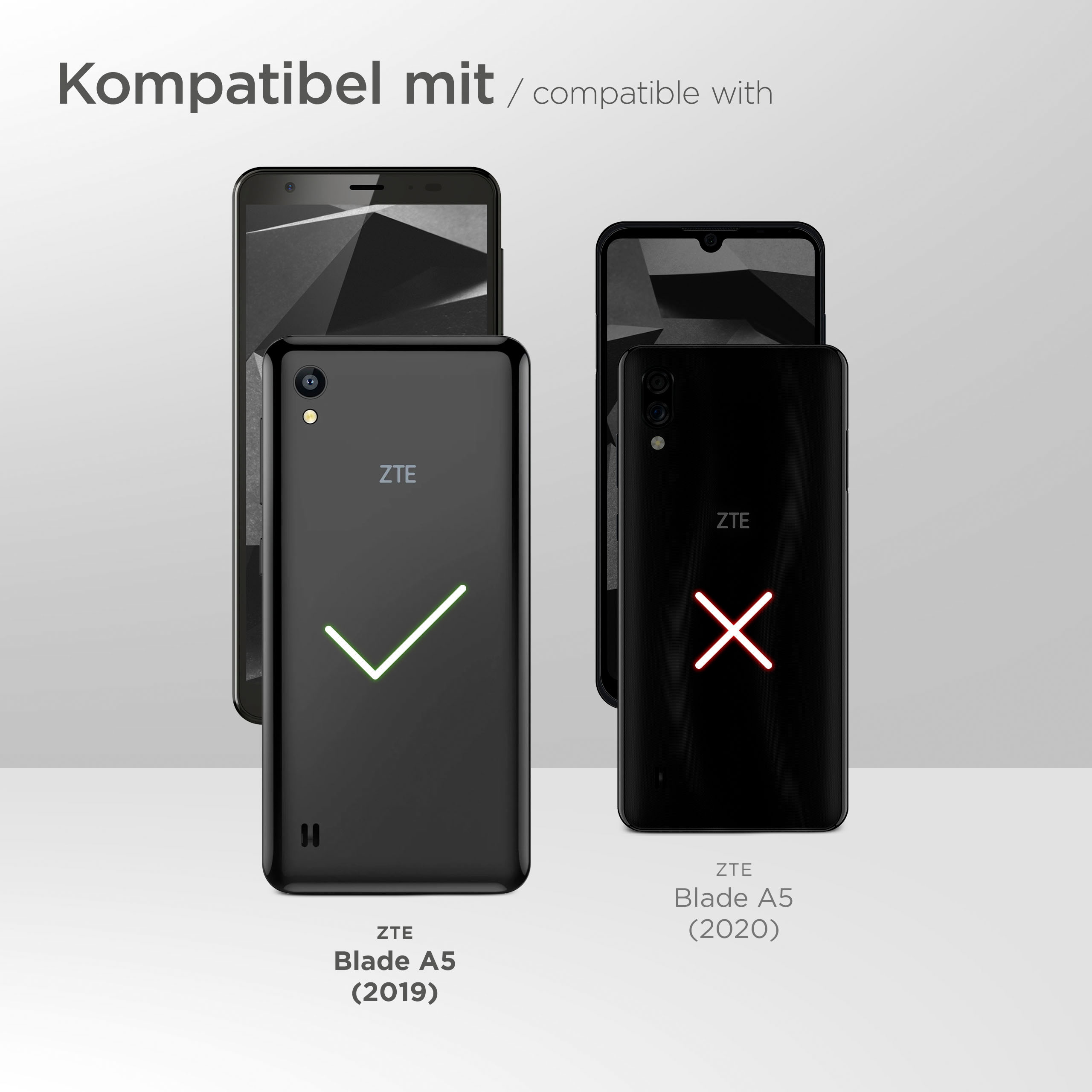 Kompatibel mit ZTE Blade A5. Telefone in Schwarz, eines mit Haken, das andere mit Kreuz.