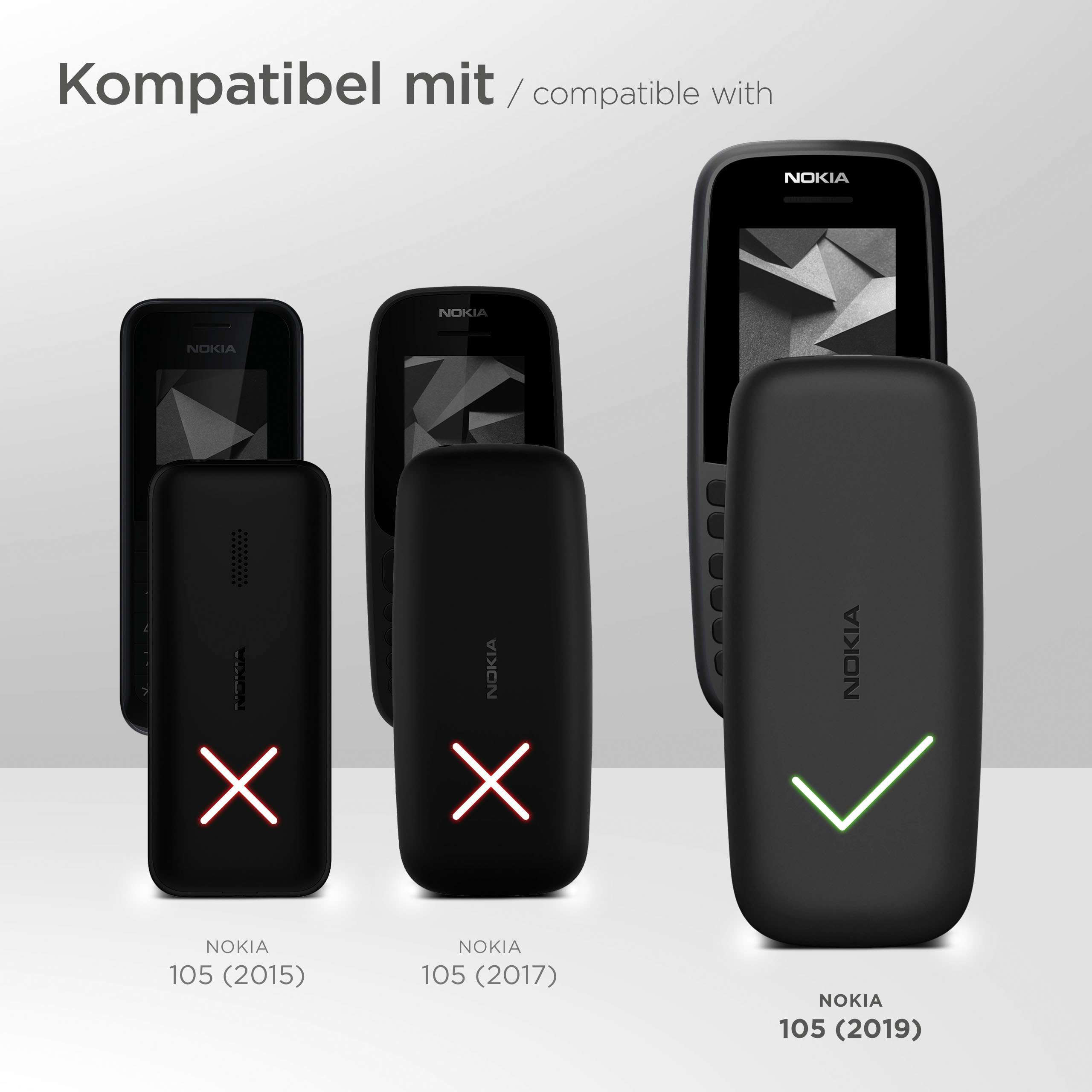 Kompatible Nokia-Telefone, Nokia 105 (2019) mit Haken markiert, andere Modelle mit X.