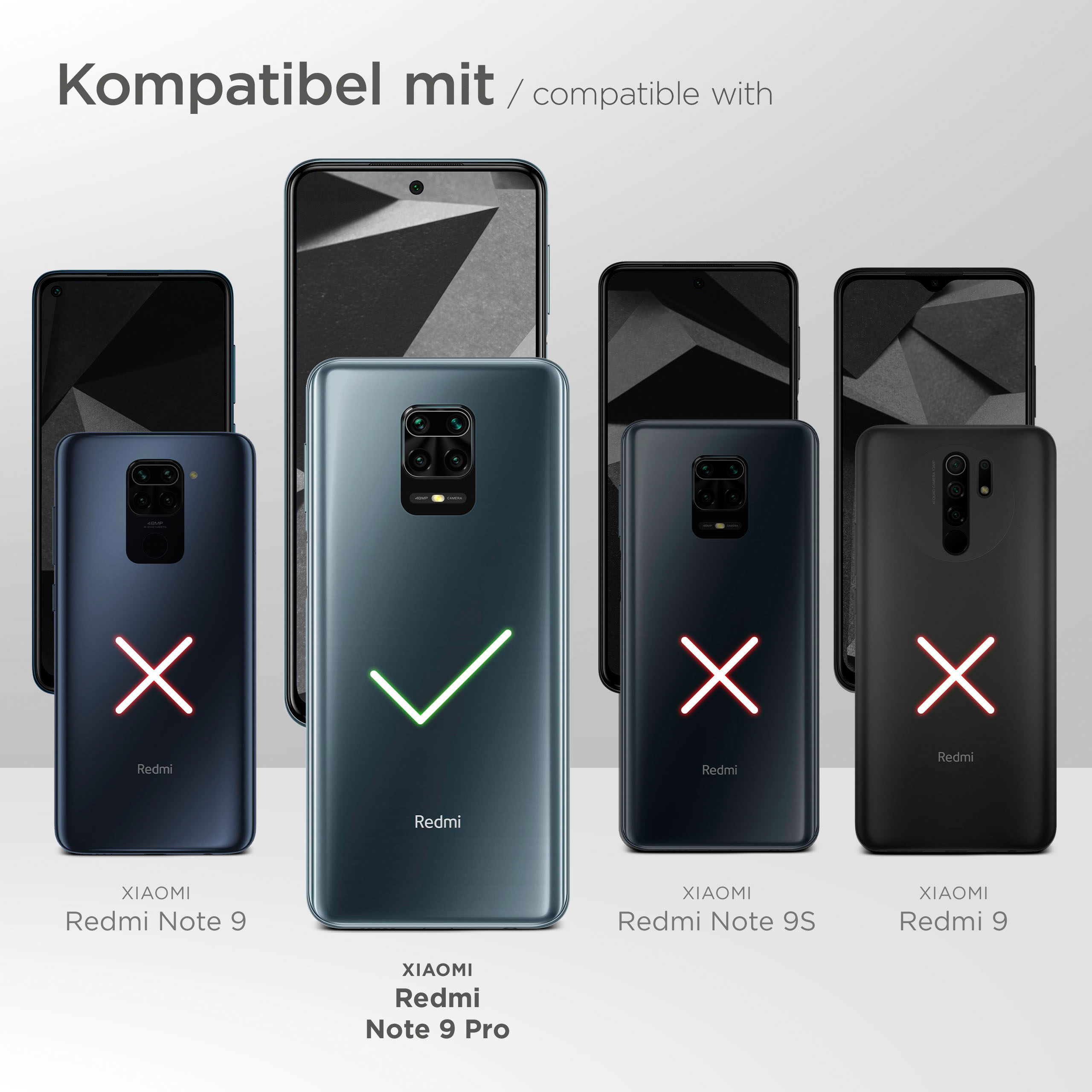 Verschiedene Smartphones mit Hüllen werden gezeigt; einige sind kompatibel, andere nicht.