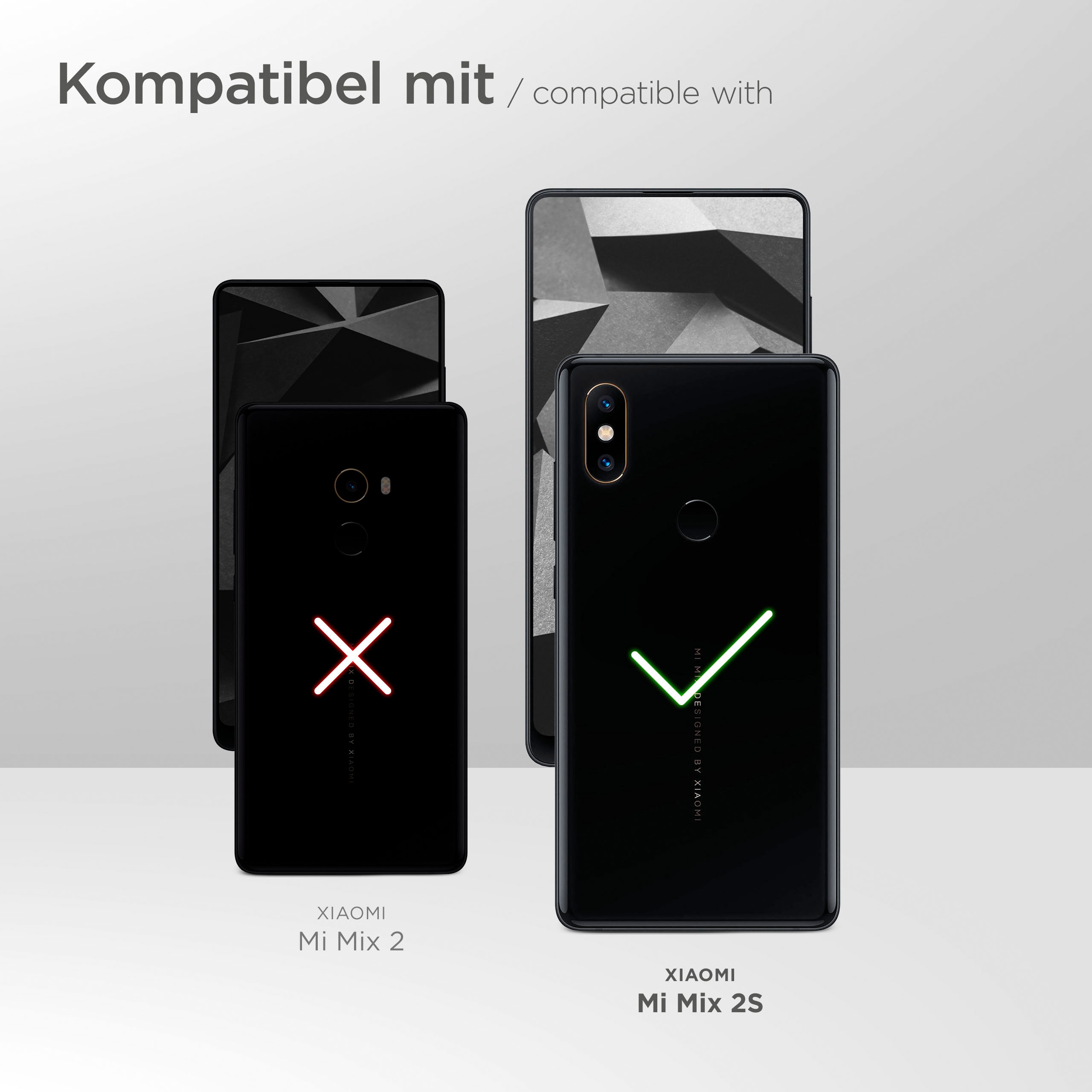 Bild zeigt kompatible Telefone mit Hülle. Xiaomi Mi Mix 2S hat grünes Häkchen, andere rote X.