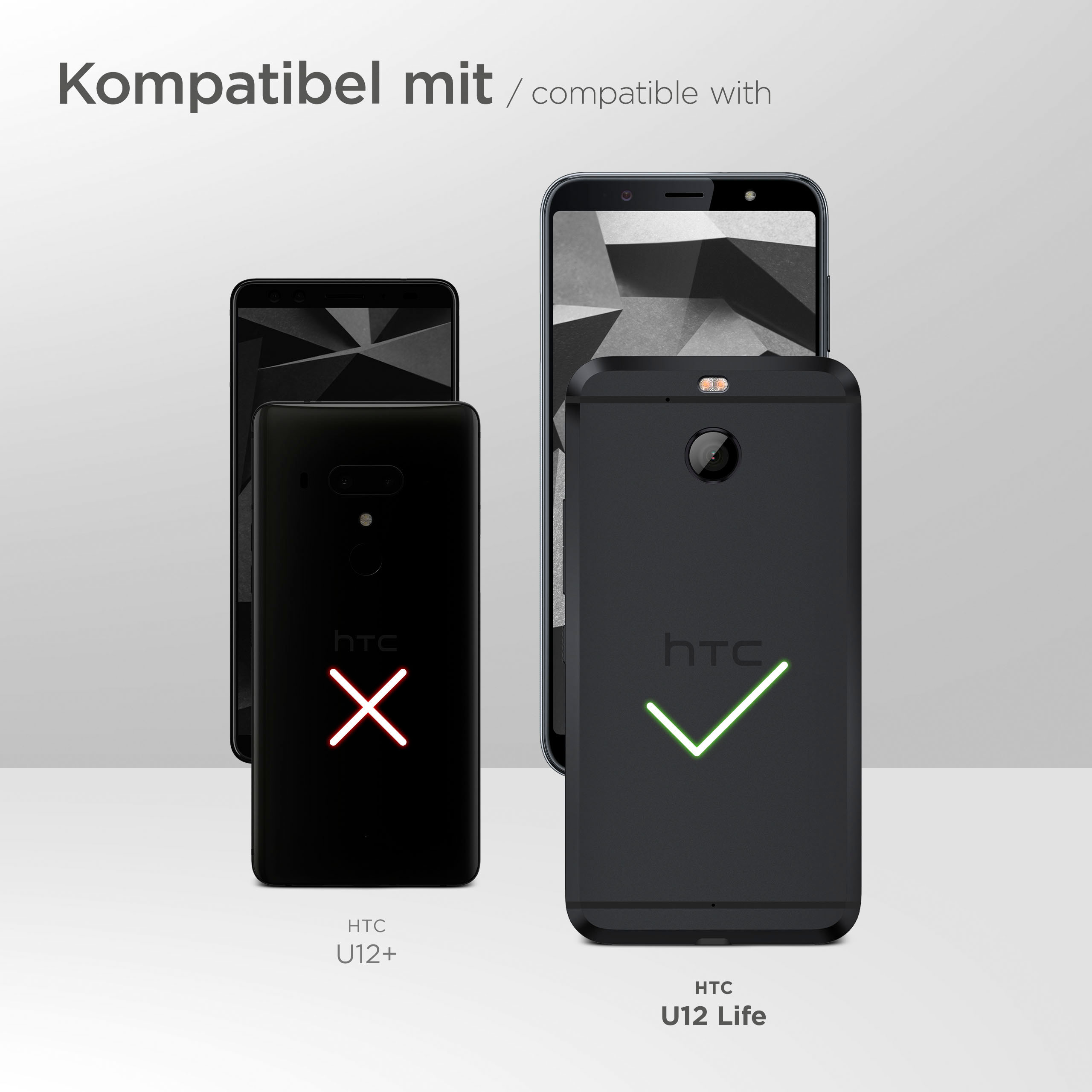 Vergleich von HTC U12+ und U12 Life Handys, mit dem U12 Life Handy in einer Hülle.