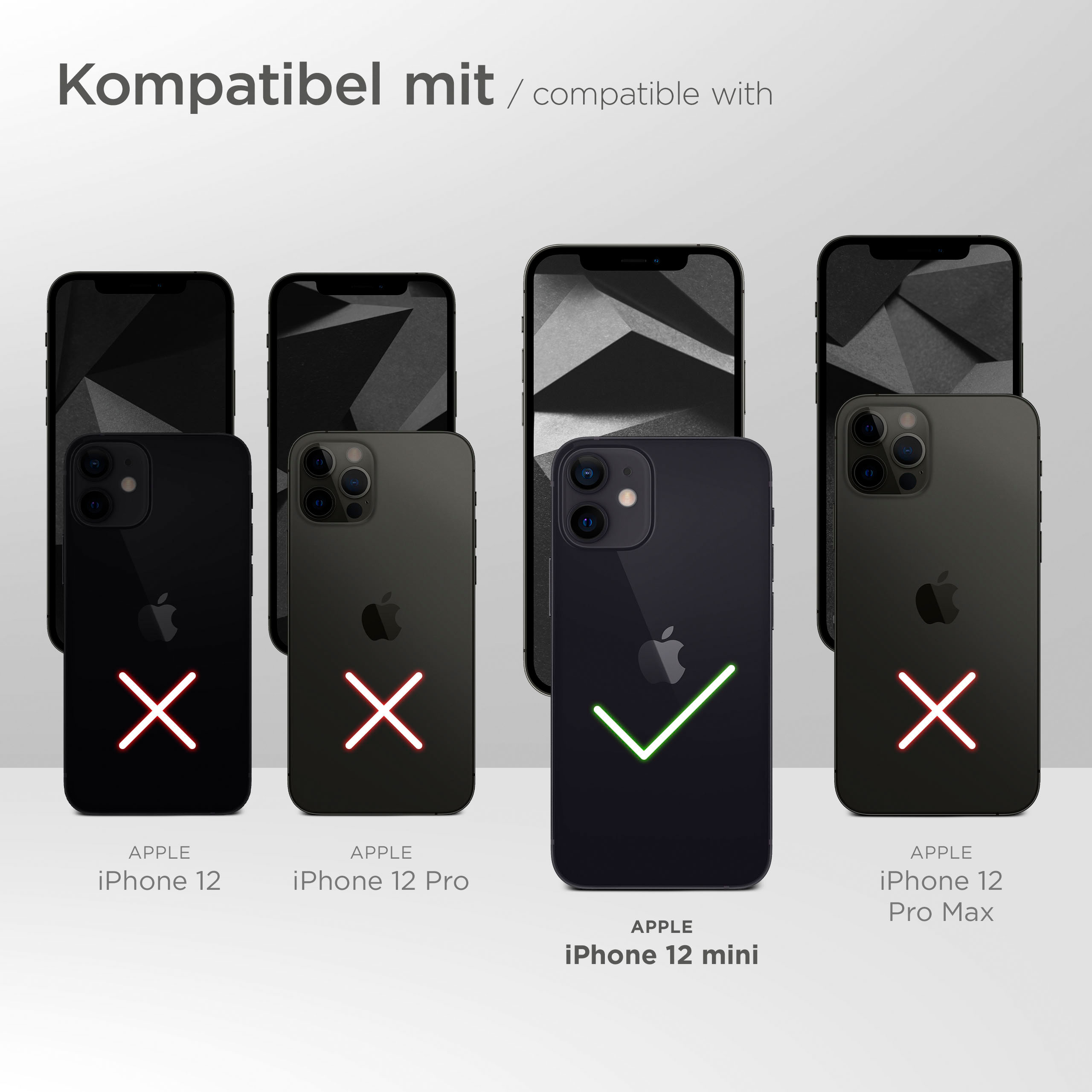 Mehrere iPhones auf weißem Hintergrund, eines mit einem Häkchen, das die Kompatibilität anzeigt.
