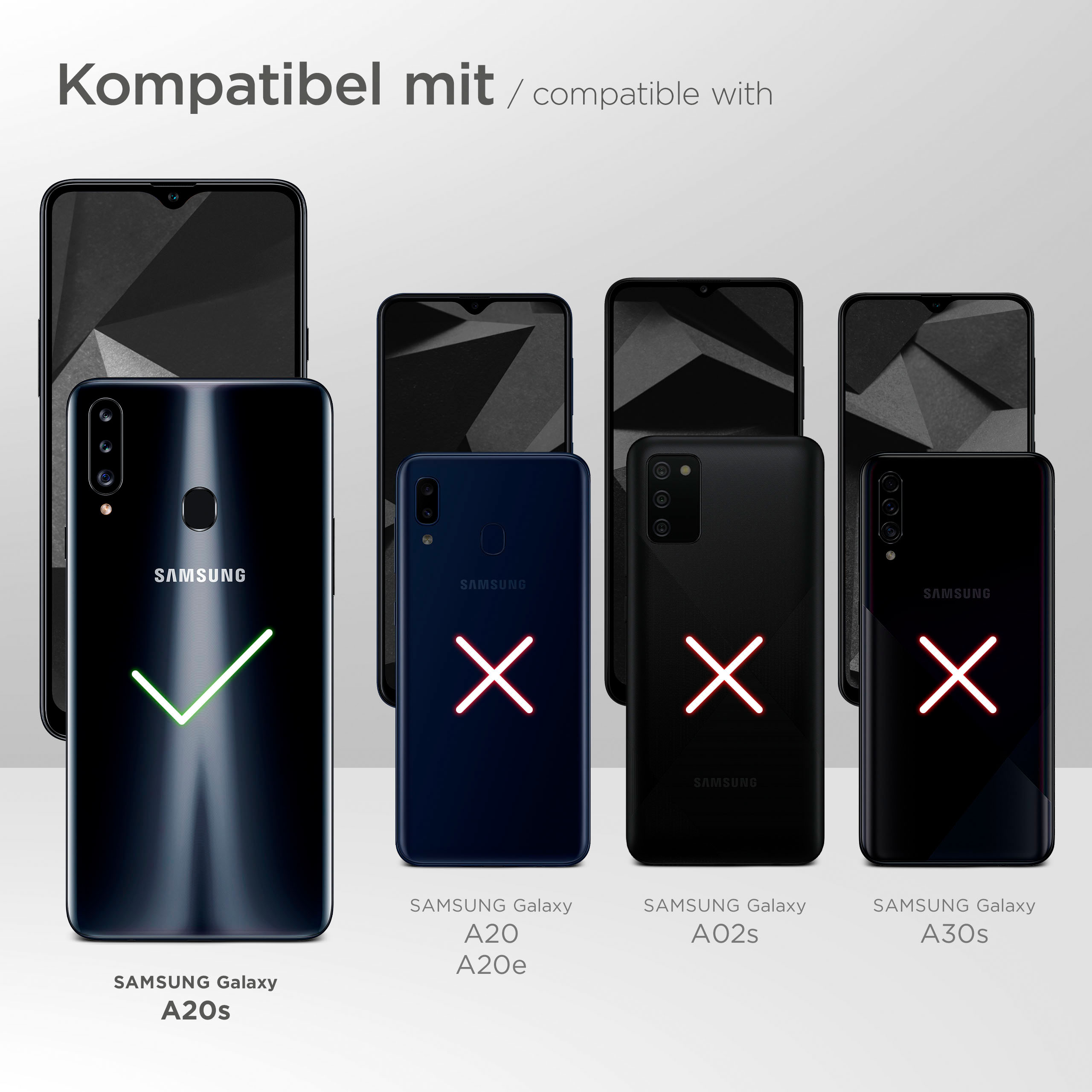 Mehrere Telefone, einige mit einem X markiert, andere mit einem Häkchen. Schwarze, blaue Telefone vor weißem Hintergrund.