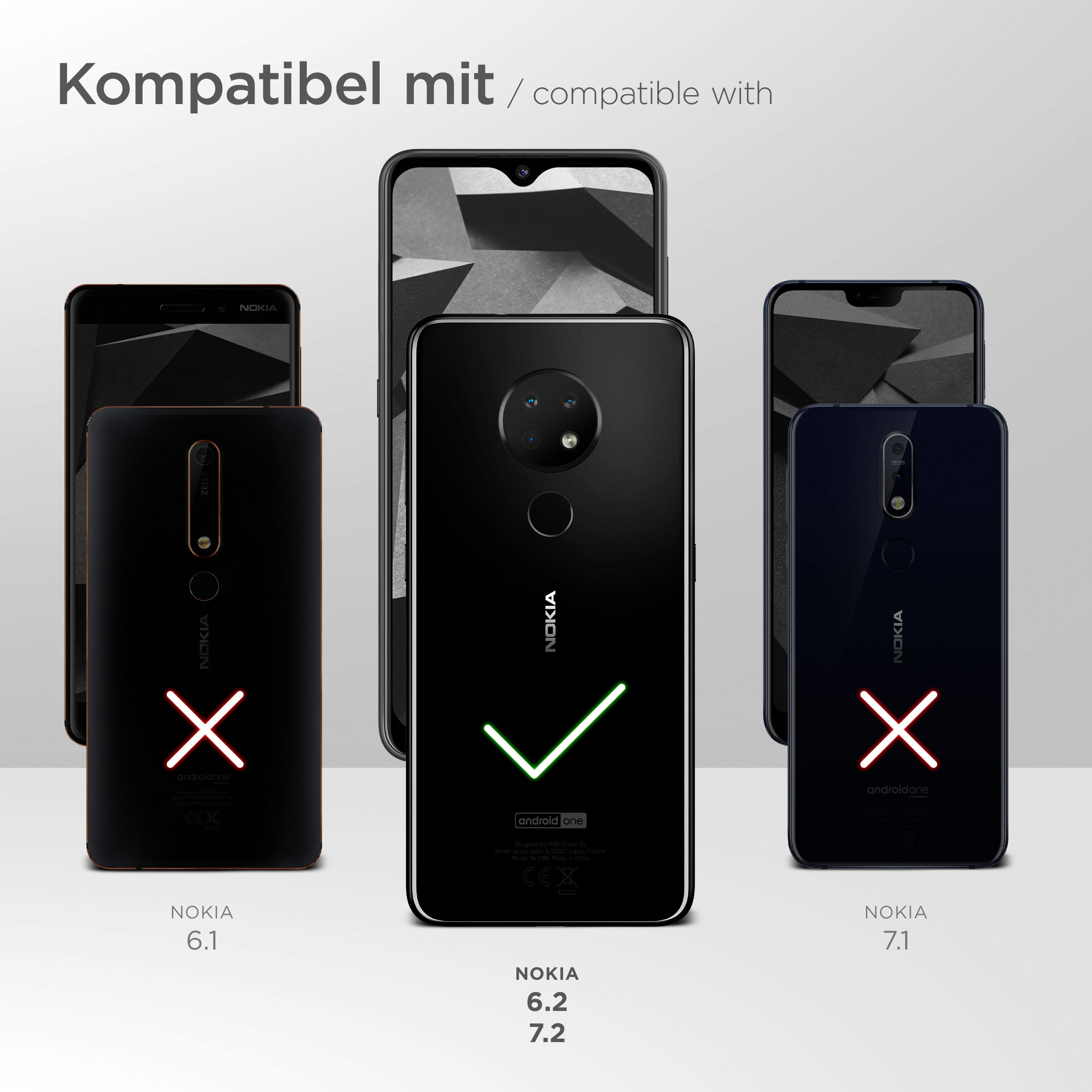Telefone mit Häkchen und Kreuzen. Texte und Logos sind sichtbar.