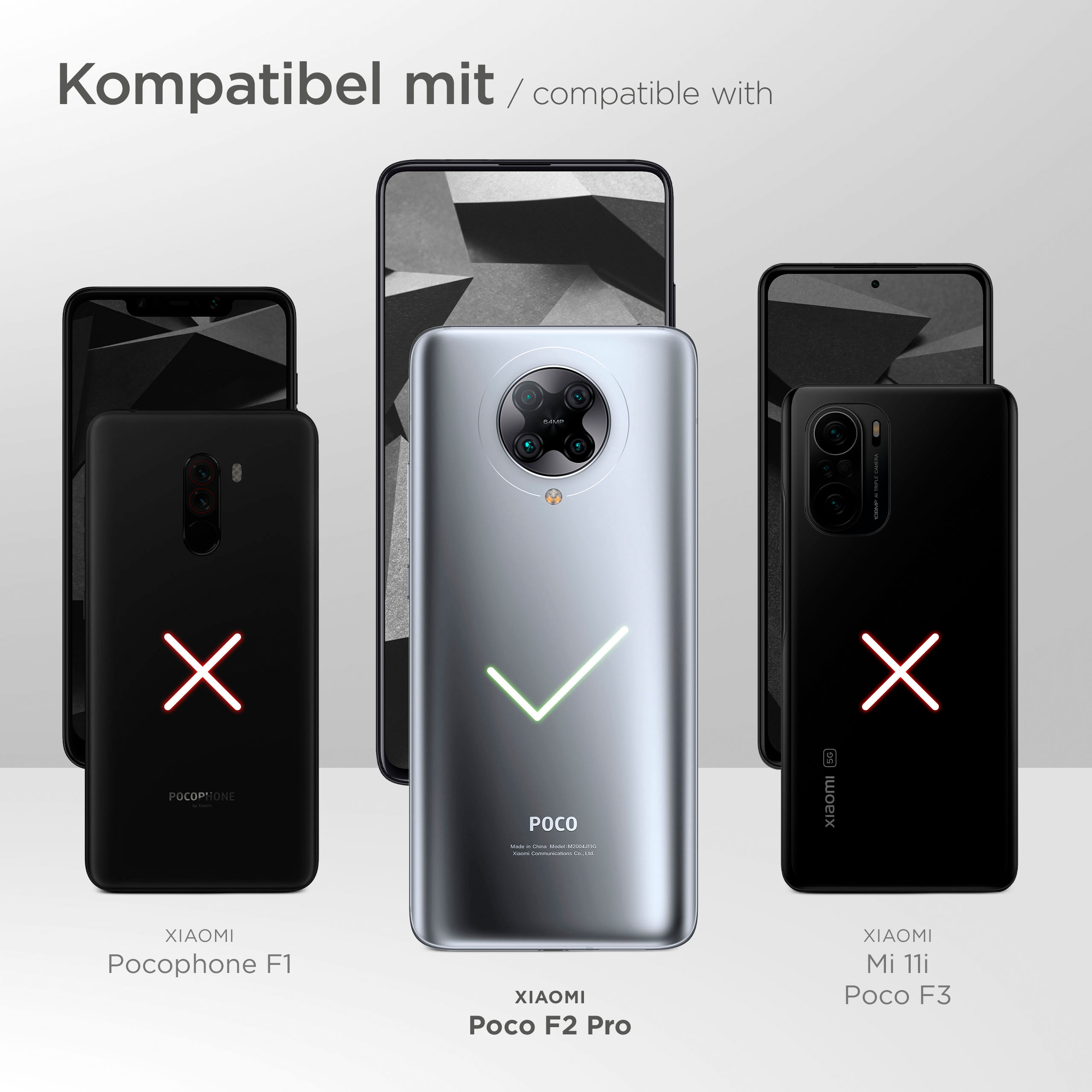 Drei Smartphones mit Hüllen. Eines in Silber ist kompatibel, die anderen beiden, schwarz, sind es nicht.