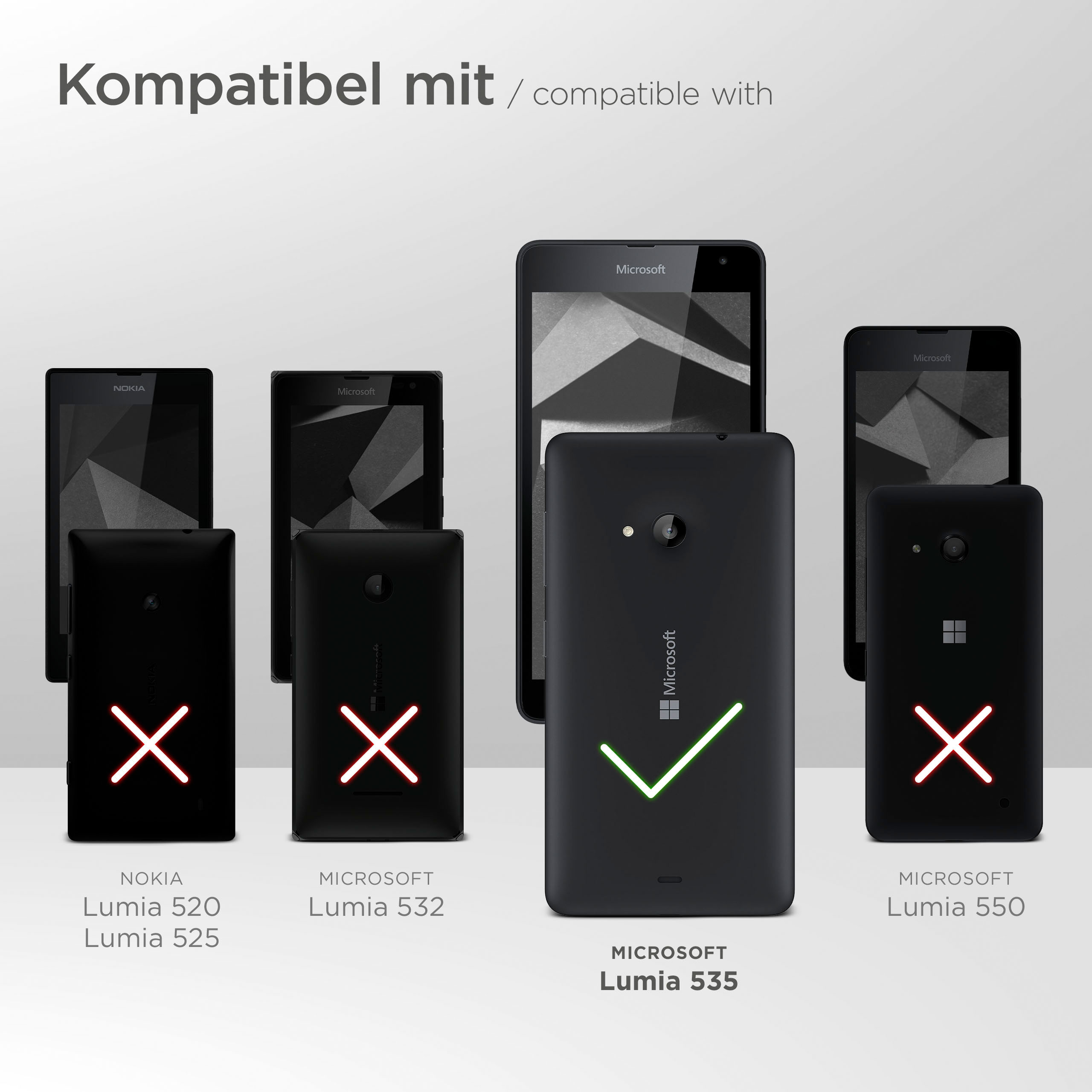 Eine Auswahl an Telefonen mit Häkchen oder Kreuzen, die die Kompatibilität mit einem bestimmten Modell anzeigen.