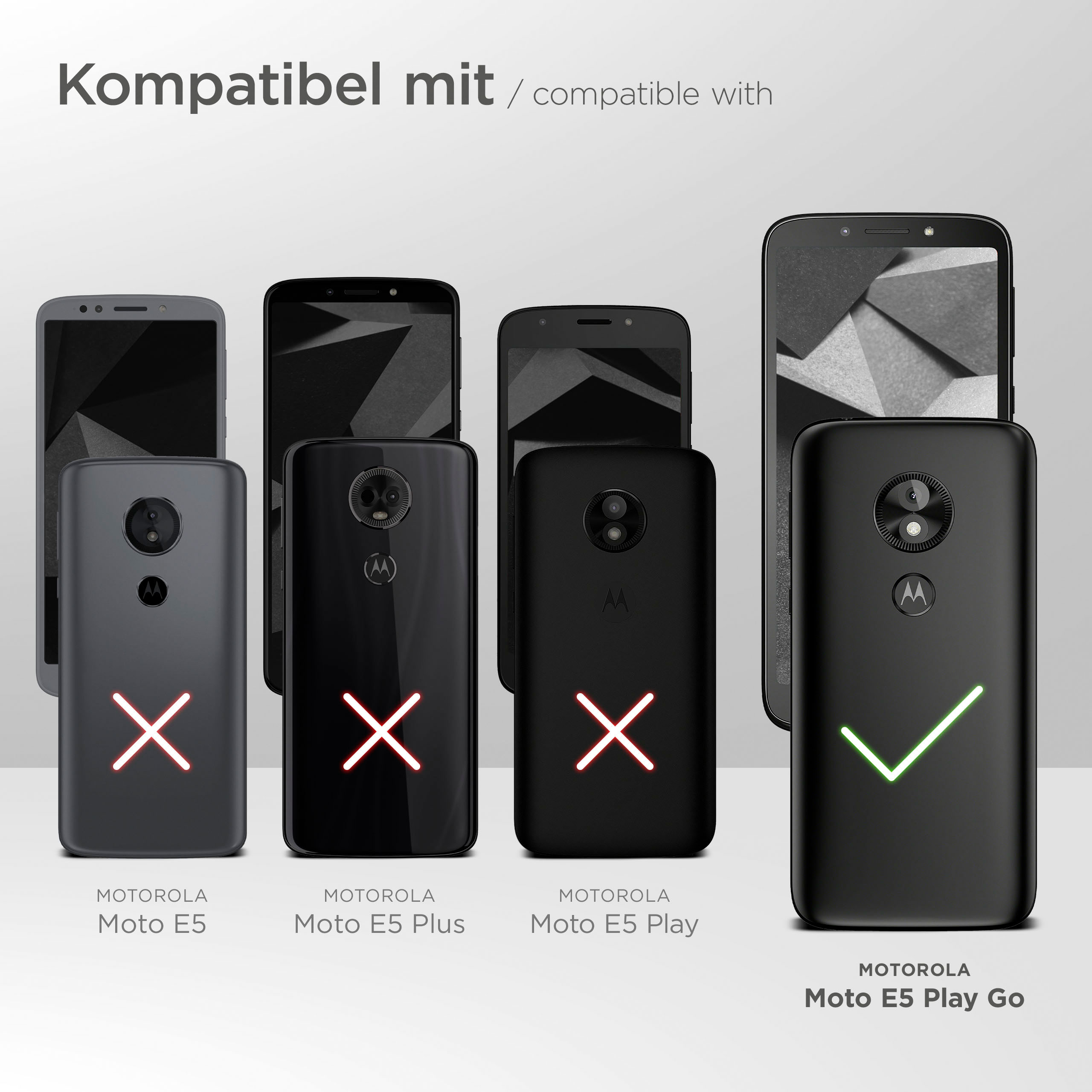 Schwarze Telefone mit roten X und einem grünen Häkchen. Text zeigt Kompatibilität.