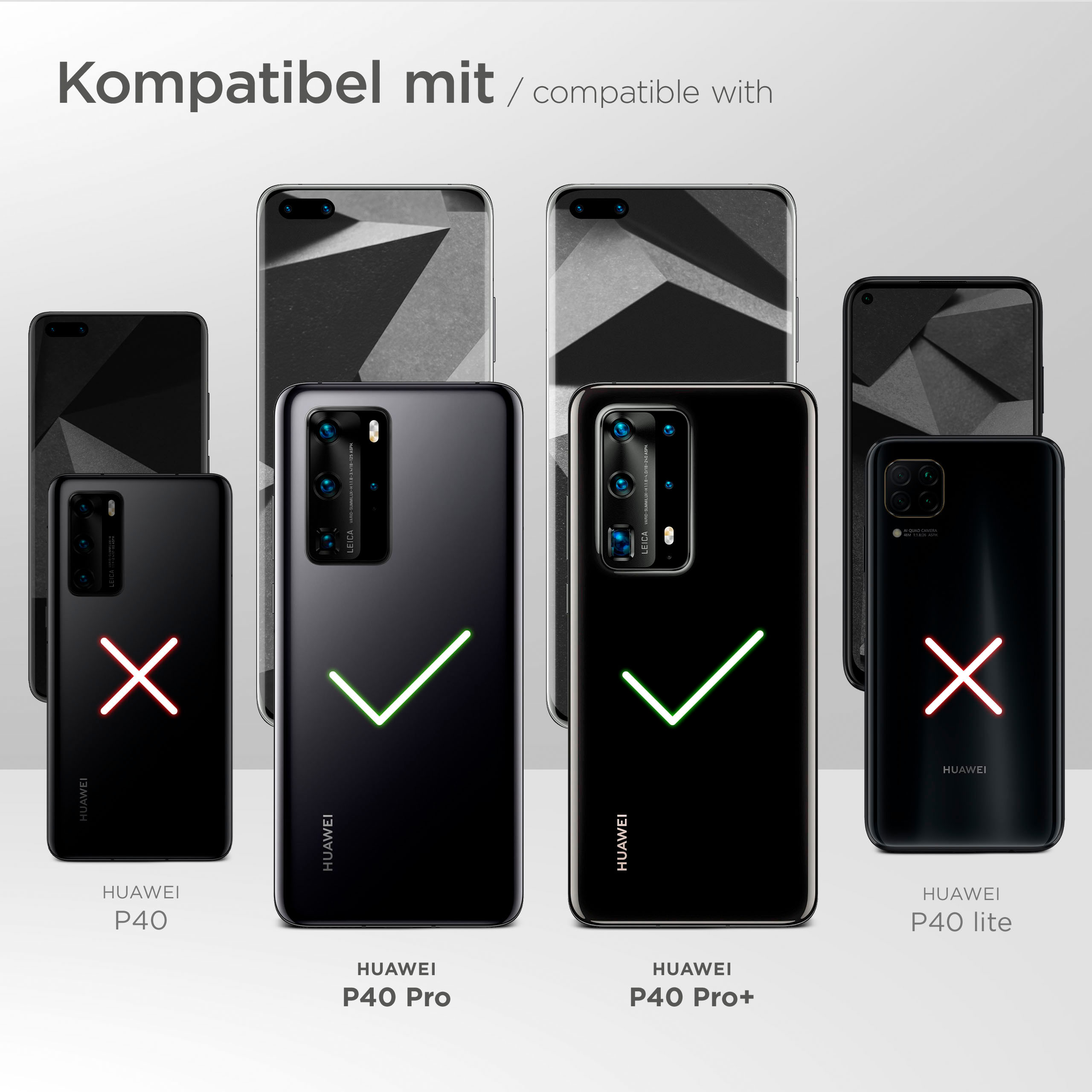 Verschiedene Huawei-Telefone werden mit Hüllen gezeigt; einige sind kompatibel, andere nicht.