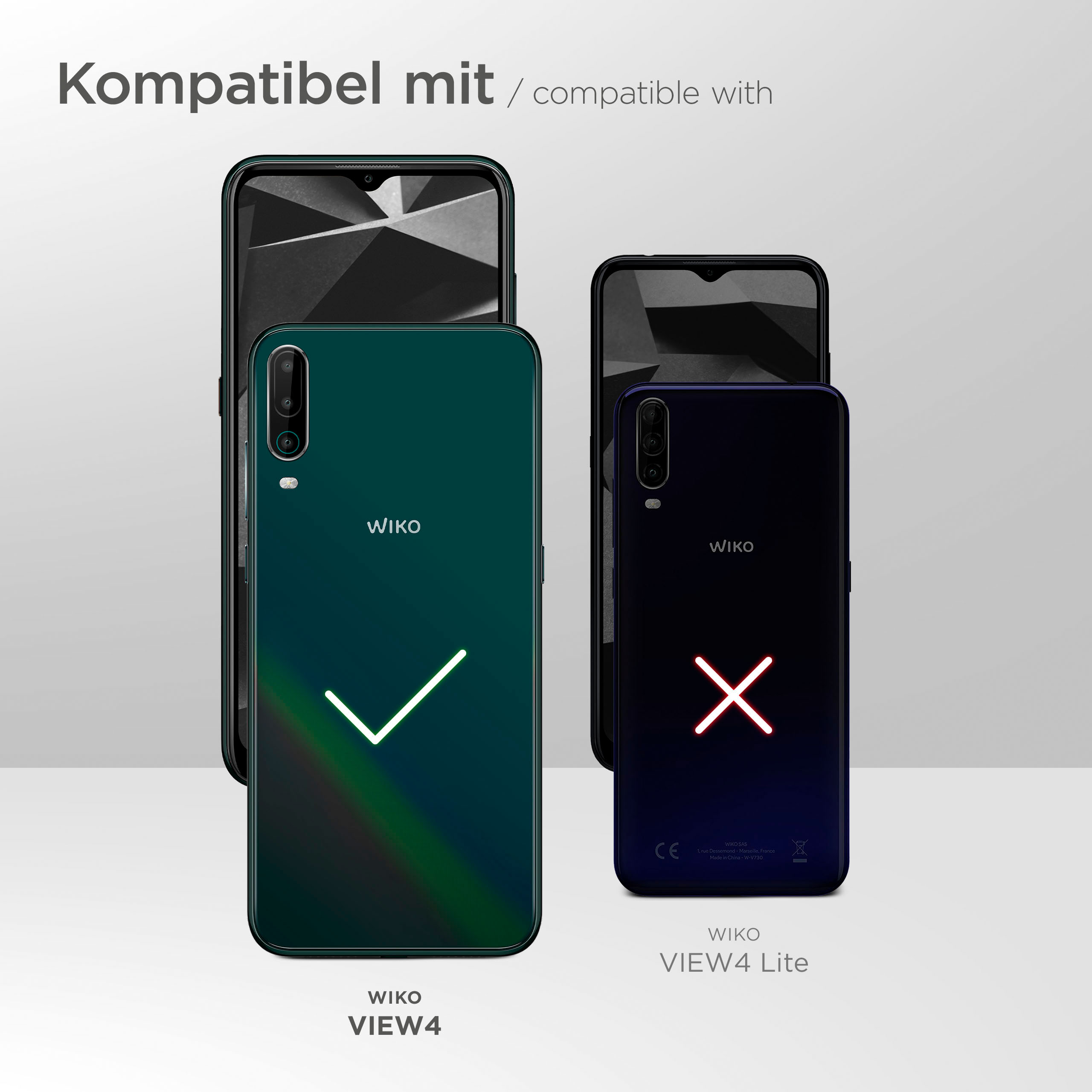 Drei Telefone, zwei Wiko-Telefone werden gezeigt. Eines hat ein Häkchen, das andere ein X.
