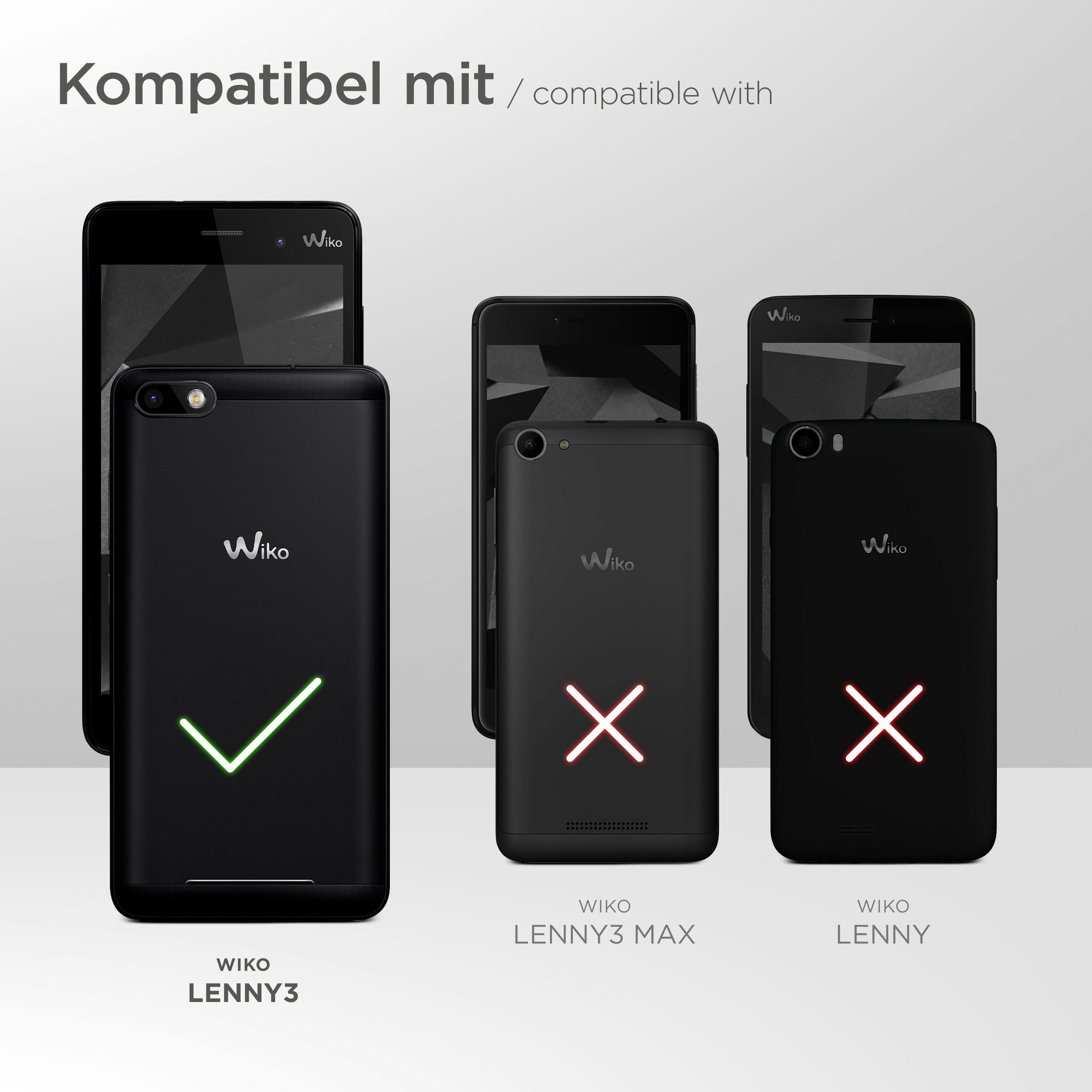 Schwarze Telefone mit roten X und einem grünen Häkchen. Text zeigt Kompatibilität.