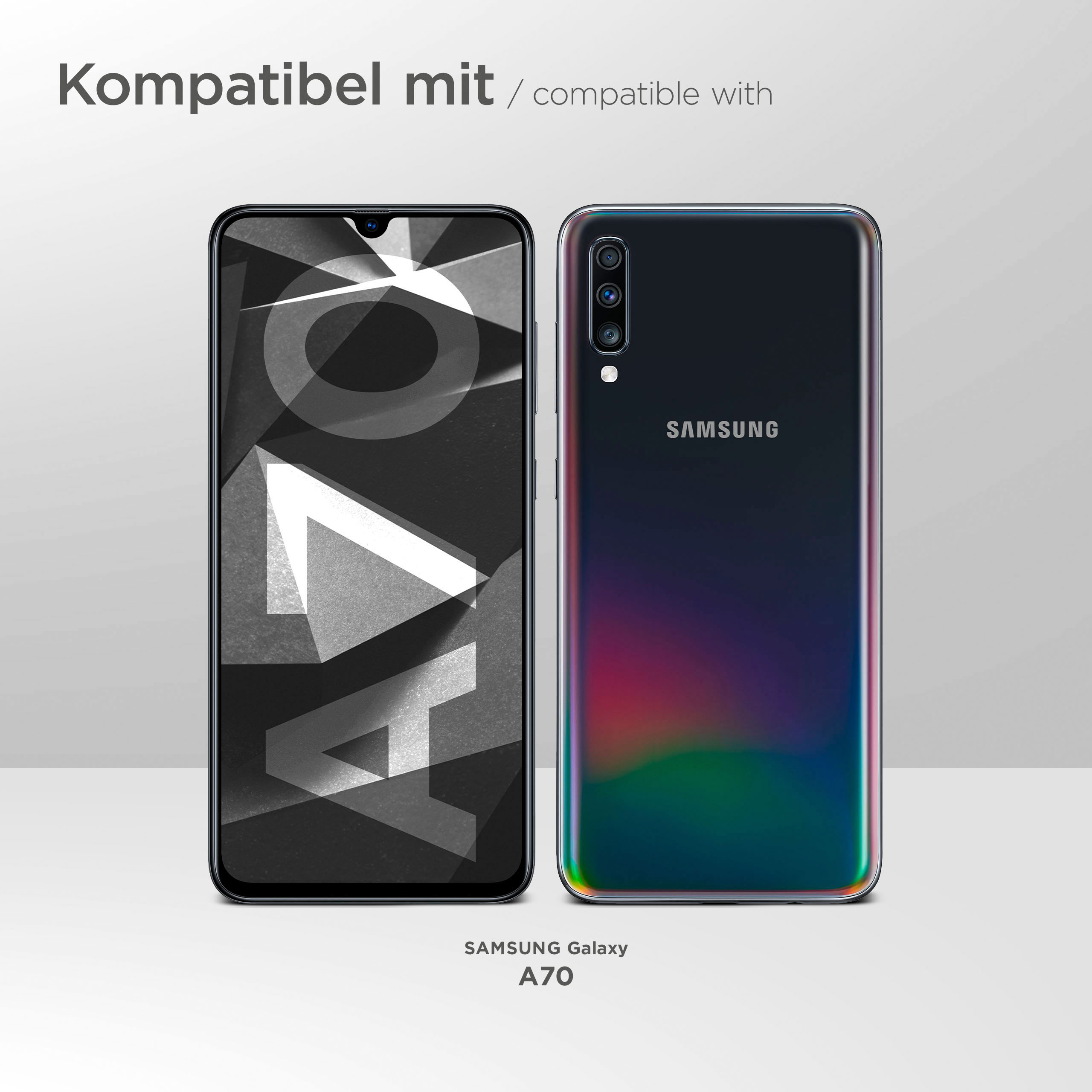 Smartphone mit Hülle. Text: Kompatibel mit Samsung Galaxy A70. Telefon ist schwarz, mit mehrfarbigem Farbverlauf.