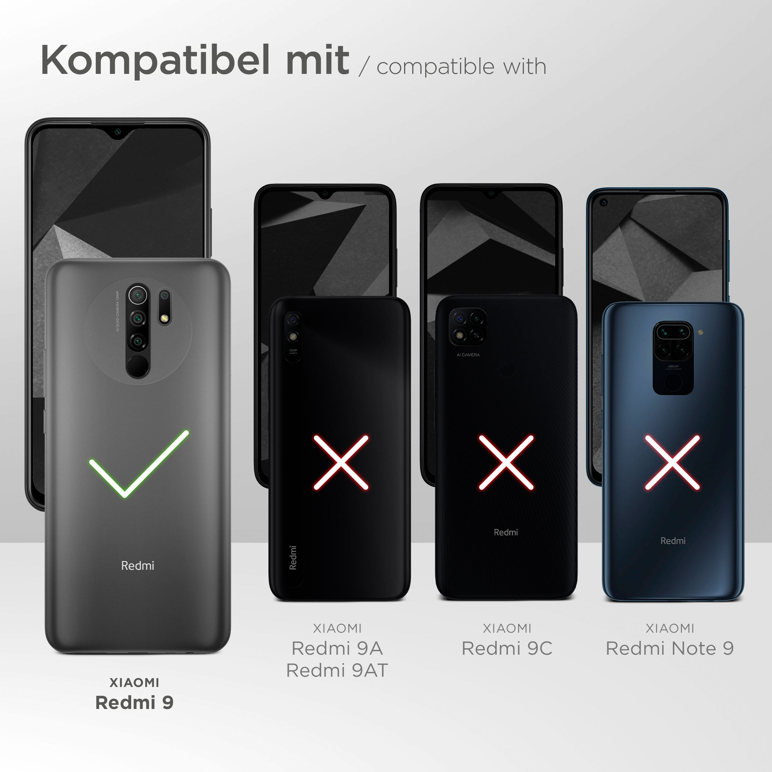 Telefone zeigen Kompatibilität. Xiaomi Redmi 9 ist kompatibel, mit grünem Haken markiert. Andere zeigen rotes X.