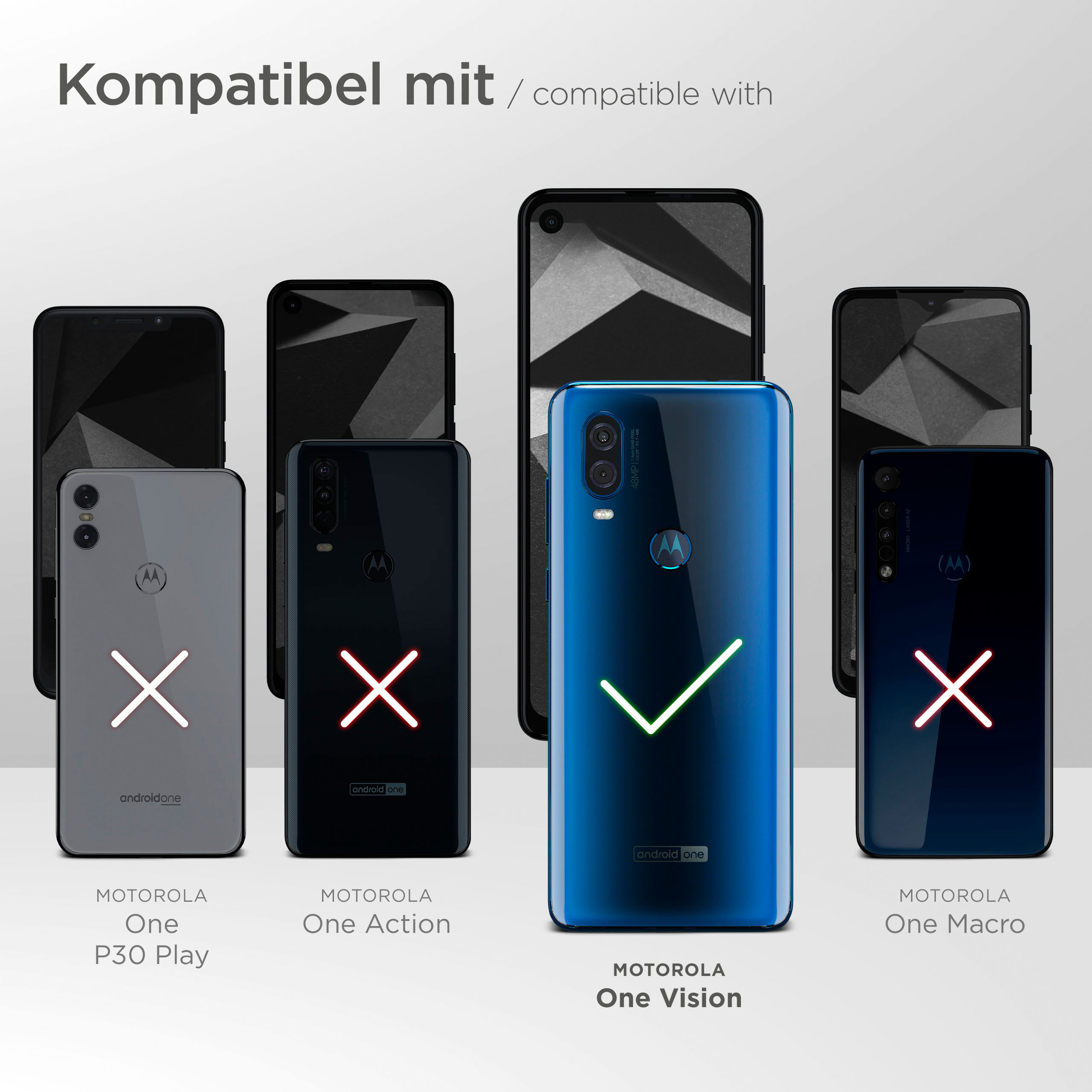 Telefone mit roten X und Häkchen, zeigen Kompatibilität. Die Telefone sind Motorola One Vision und andere.