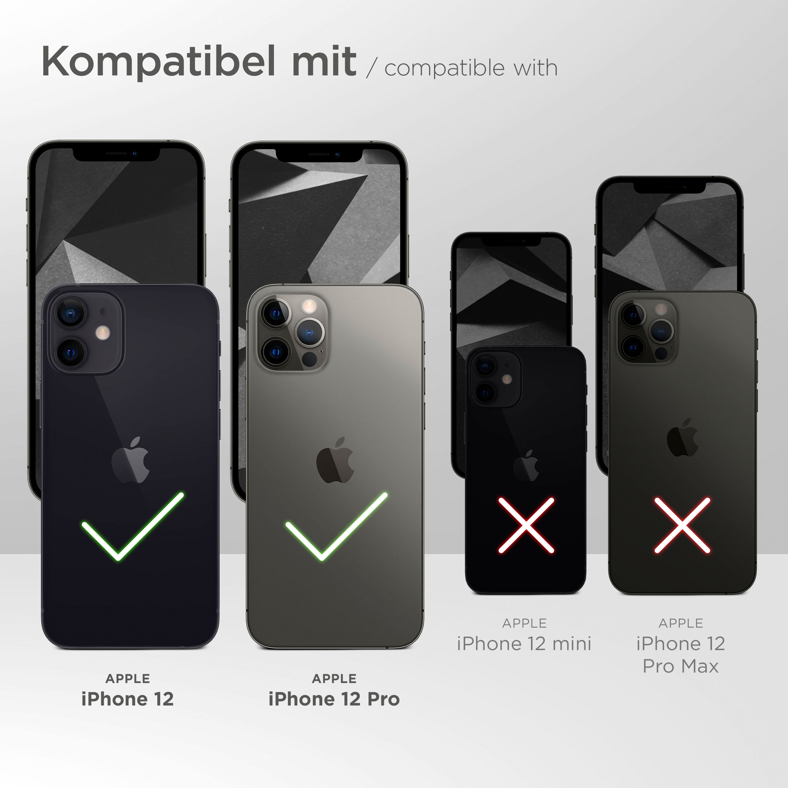 Bild zeigt kompatible Telefone: Apple iPhone 12 und 12 Pro, andere mit roten Kreuzen.