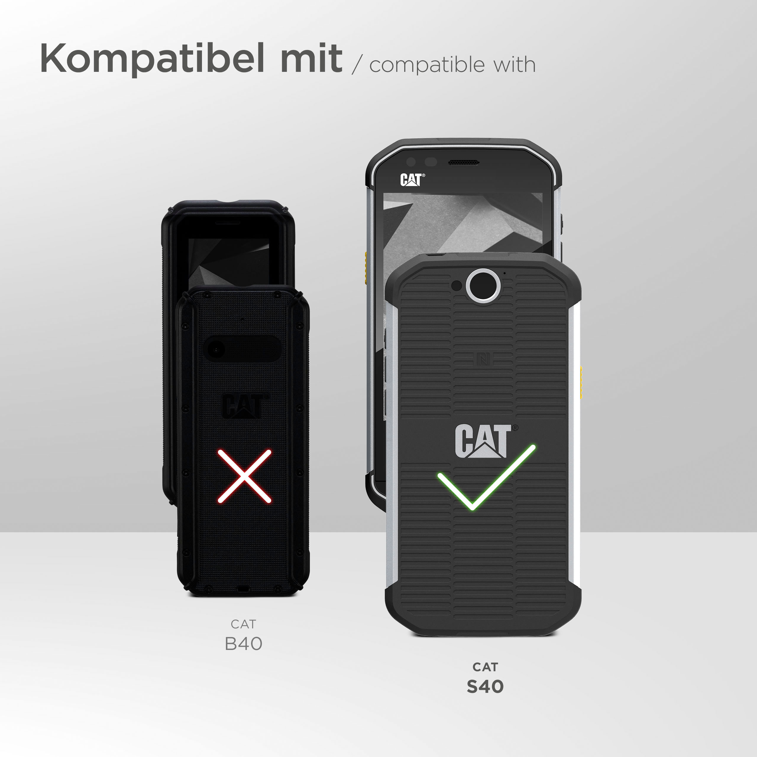 Zwei schwarze CAT-Telefone, eins mit Haken, eins mit X, ein Telefon im Hintergrund.