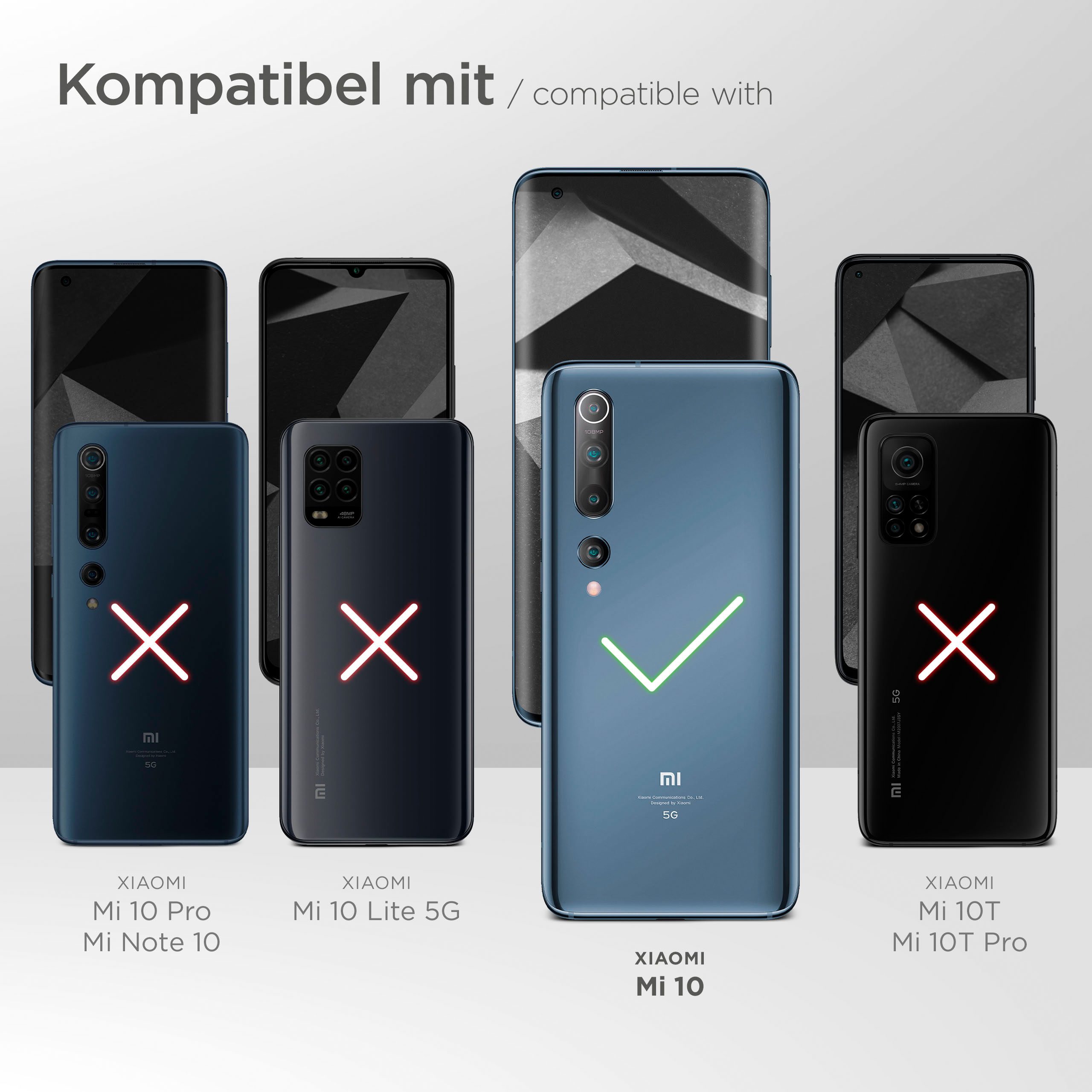 Bild mit Handys, einige mit Haken, einige mit X. Text: kompatibel mit. Xiaomi Mi 10 ist kompatibel.