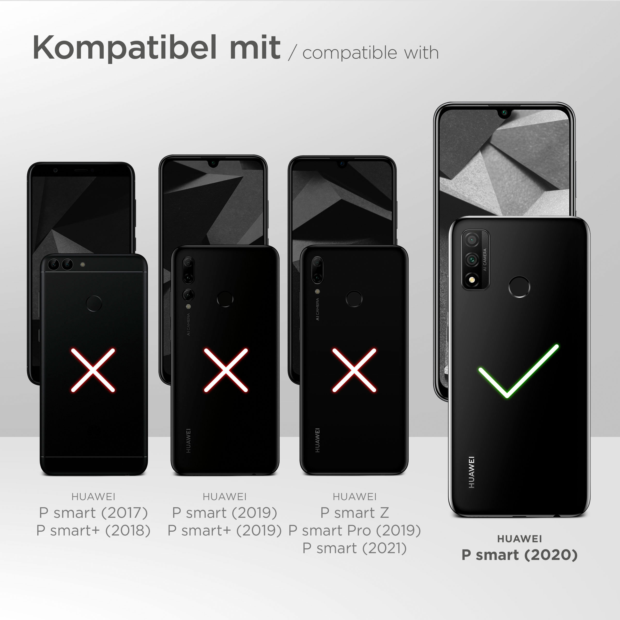 Telefone mit Rückseiten. P smart (2020) hat ein Häkchen, andere ein X. Text: Kompatibel mit. Huawei auf Telefonen.