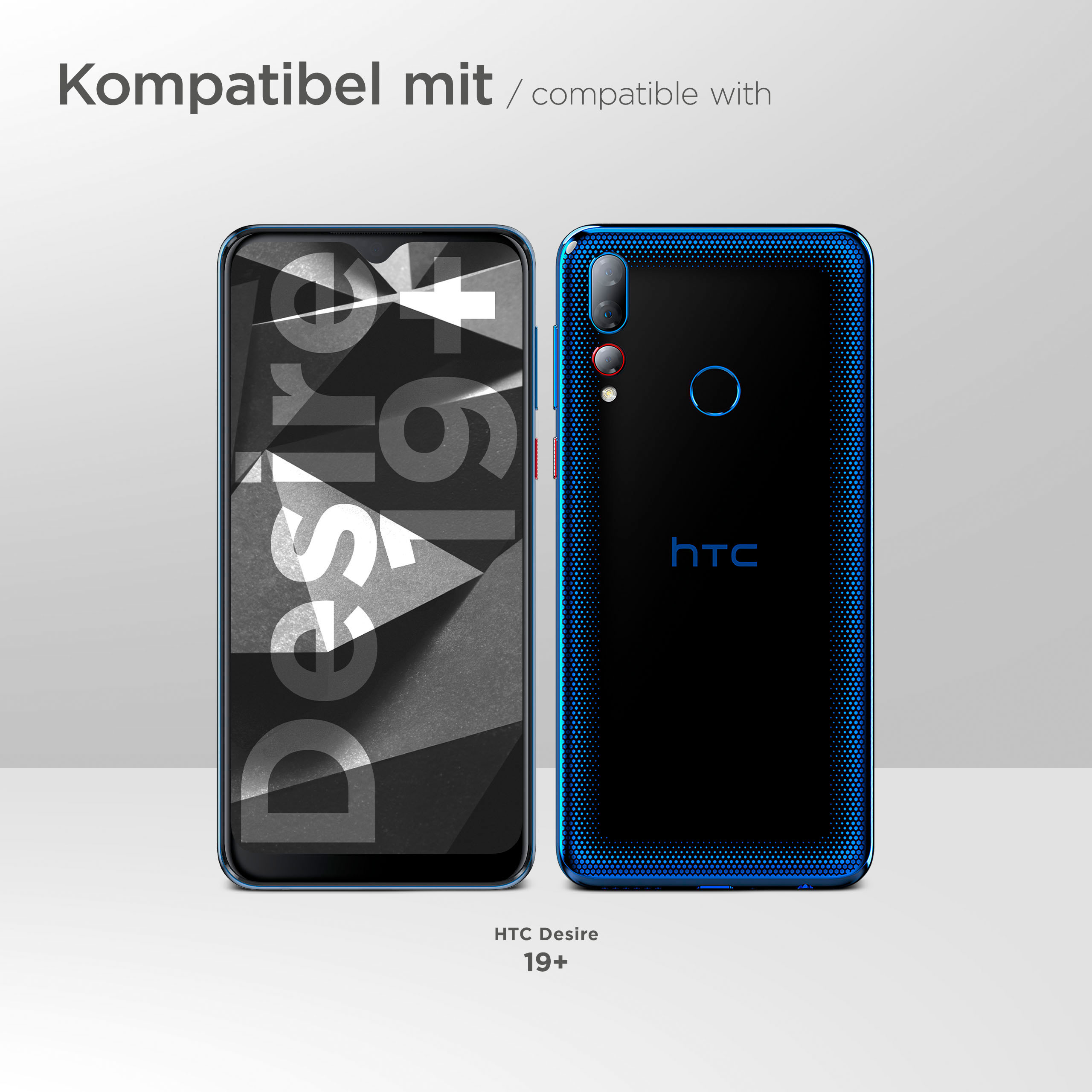 Zwei Smartphones, eines schwarz und eines blau, mit dem Modellnamen HTC Desire 19+.