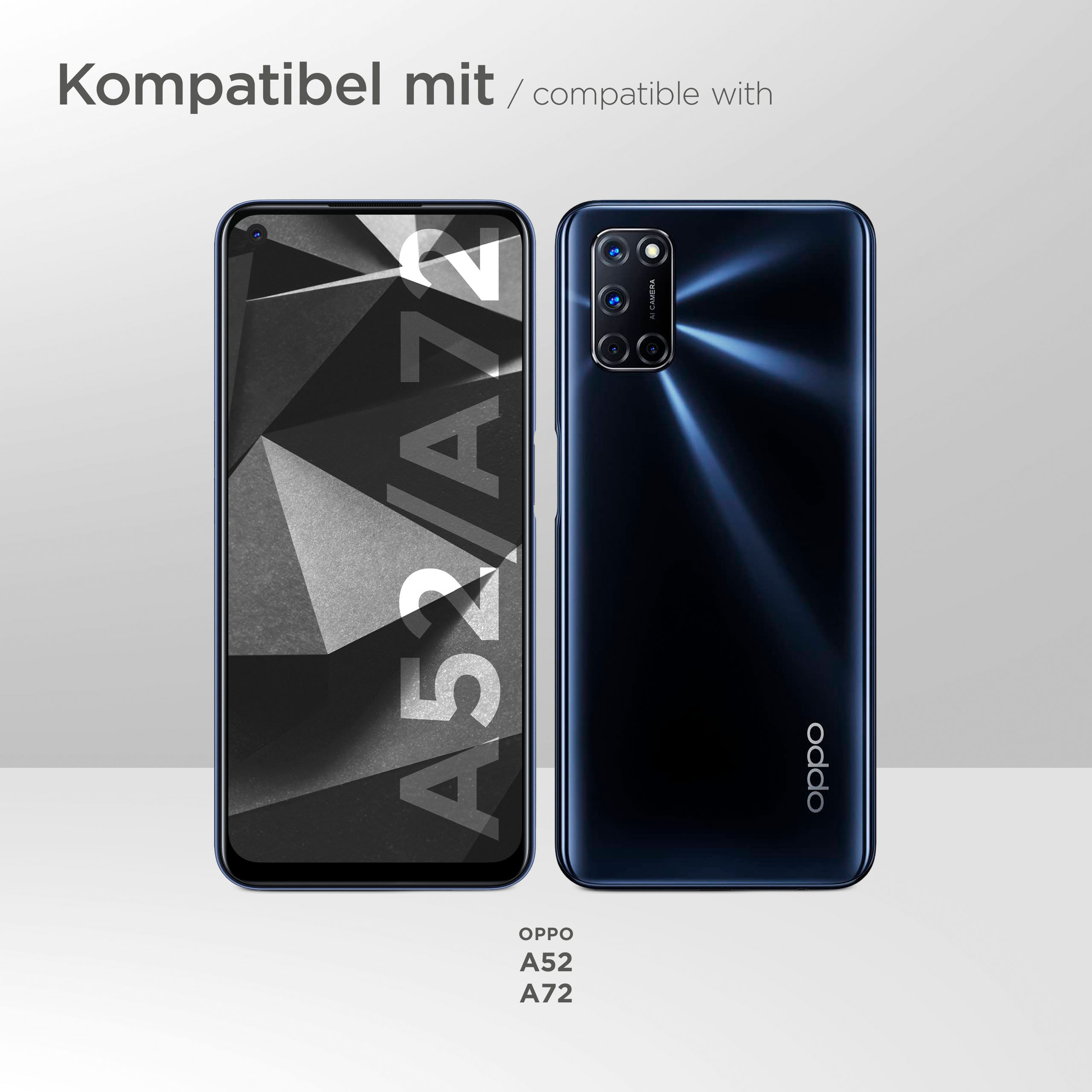Zwei Handys, Vorder- und Rückseite. Eines zeigt A52/A72. Das andere ist schwarz mit Oppo-Logo.