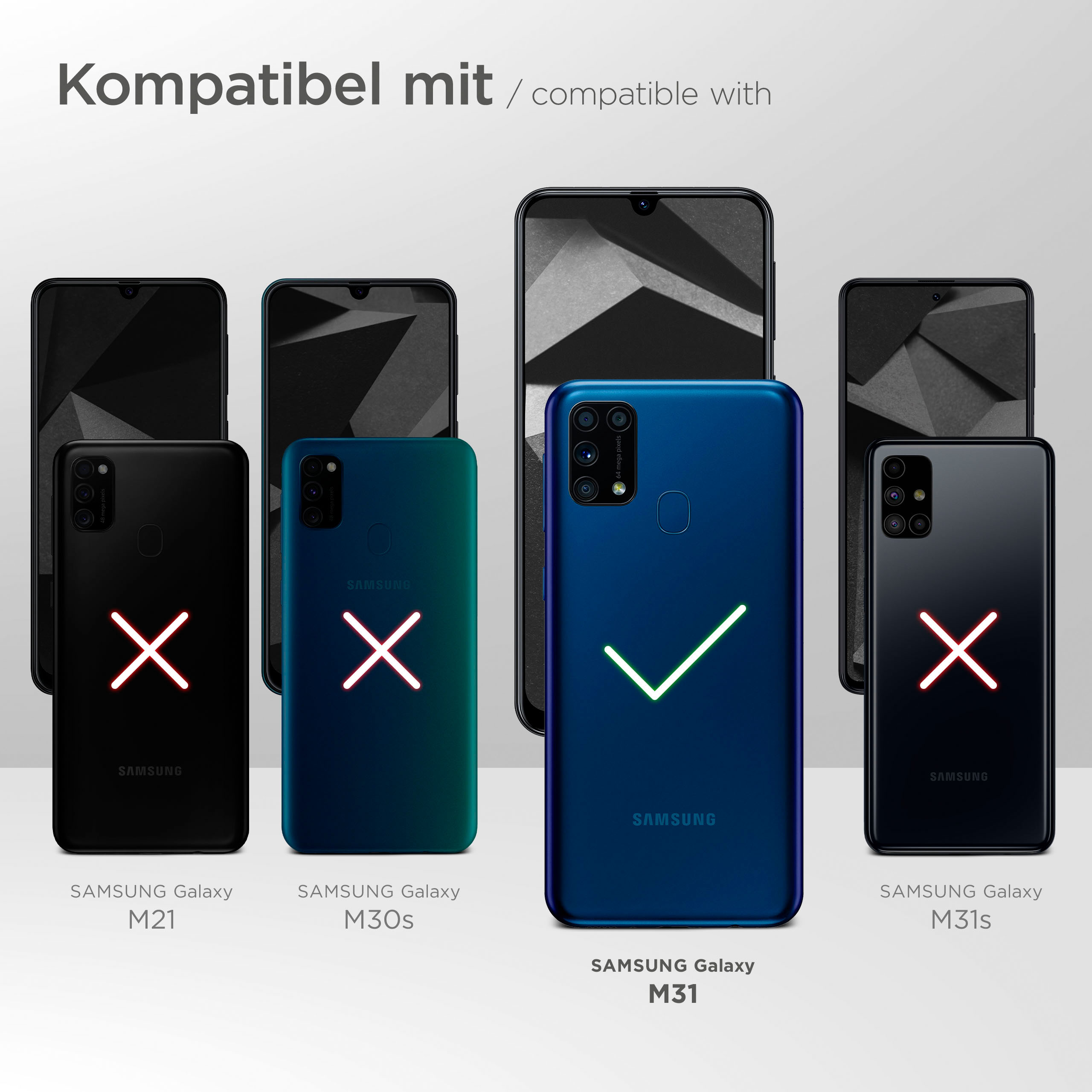 Mehrere Telefone mit Hüllen. Text: Kompatibel mit Samsung Galaxy M31, M21, M30s, M31s. Einige haben X-Markierungen.