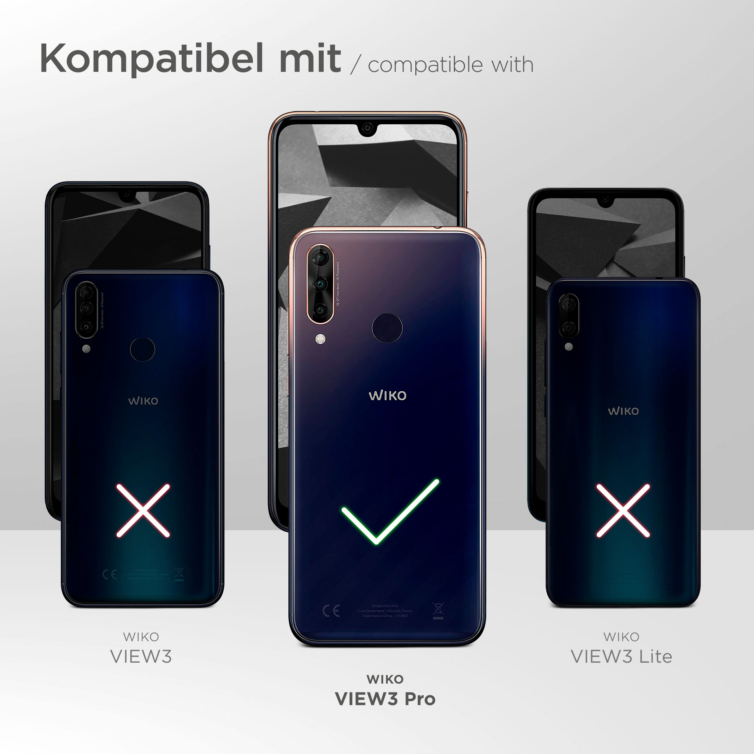Bild zeigt kompatible Telefone mit grünem Häkchen auf dem Wiko VIEW3 Pro Telefon.