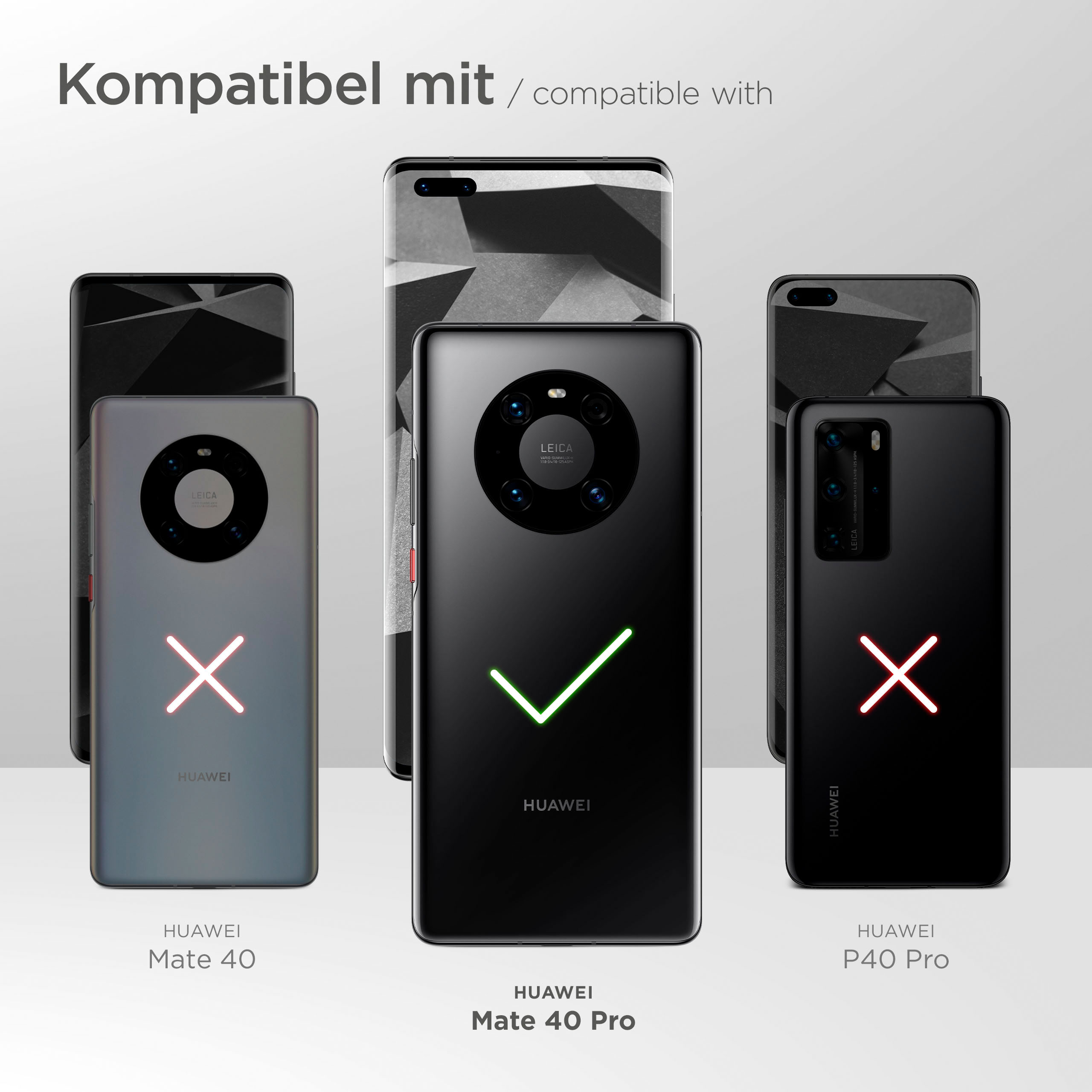 Kompatible Huawei-Telefone. Huawei Mate 40 Pro mit Haken markiert, andere mit X.