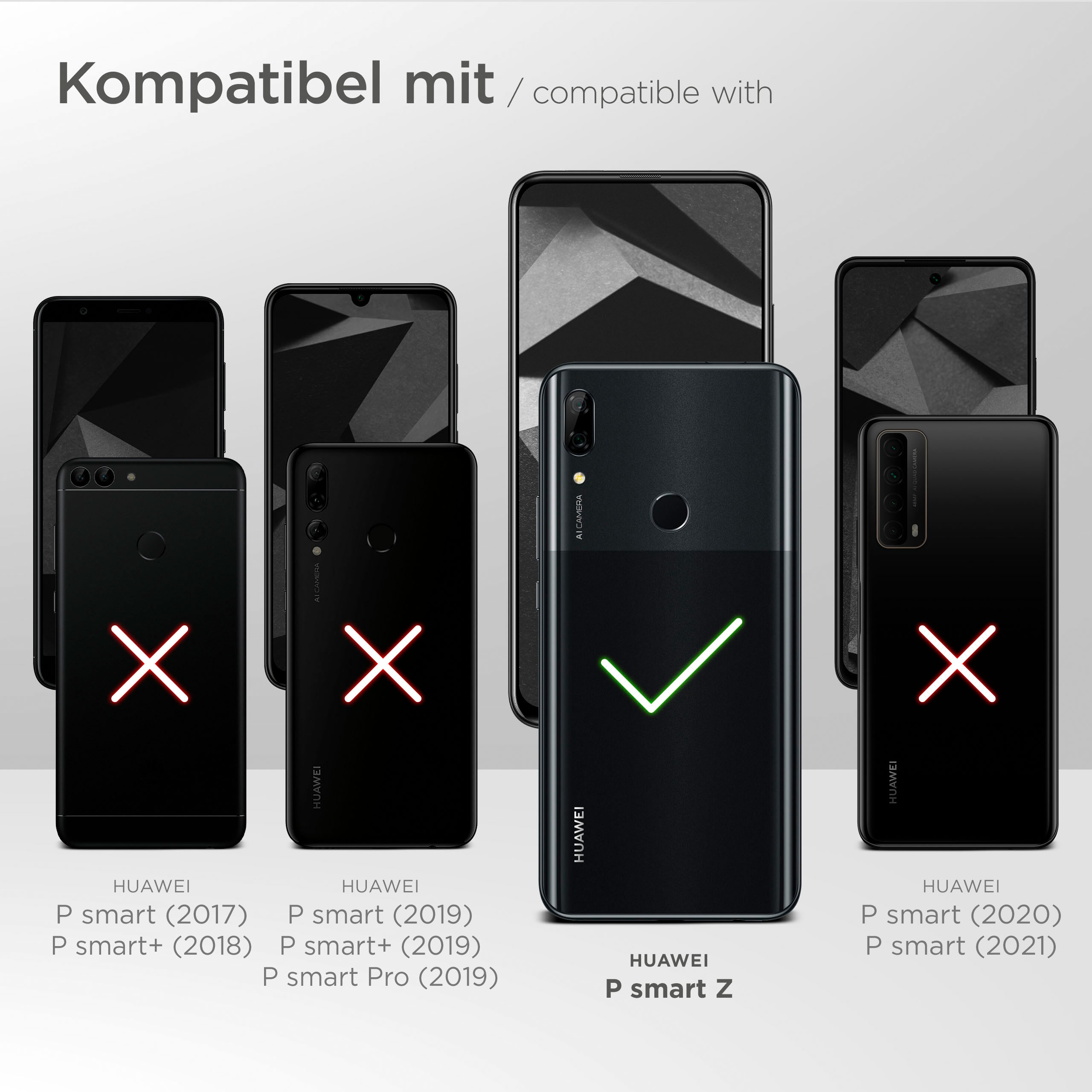 Bild mit Handys, einige mit X. Text: kompatibel mit. Huawei P smart Z ist mit der Hülle kompatibel.