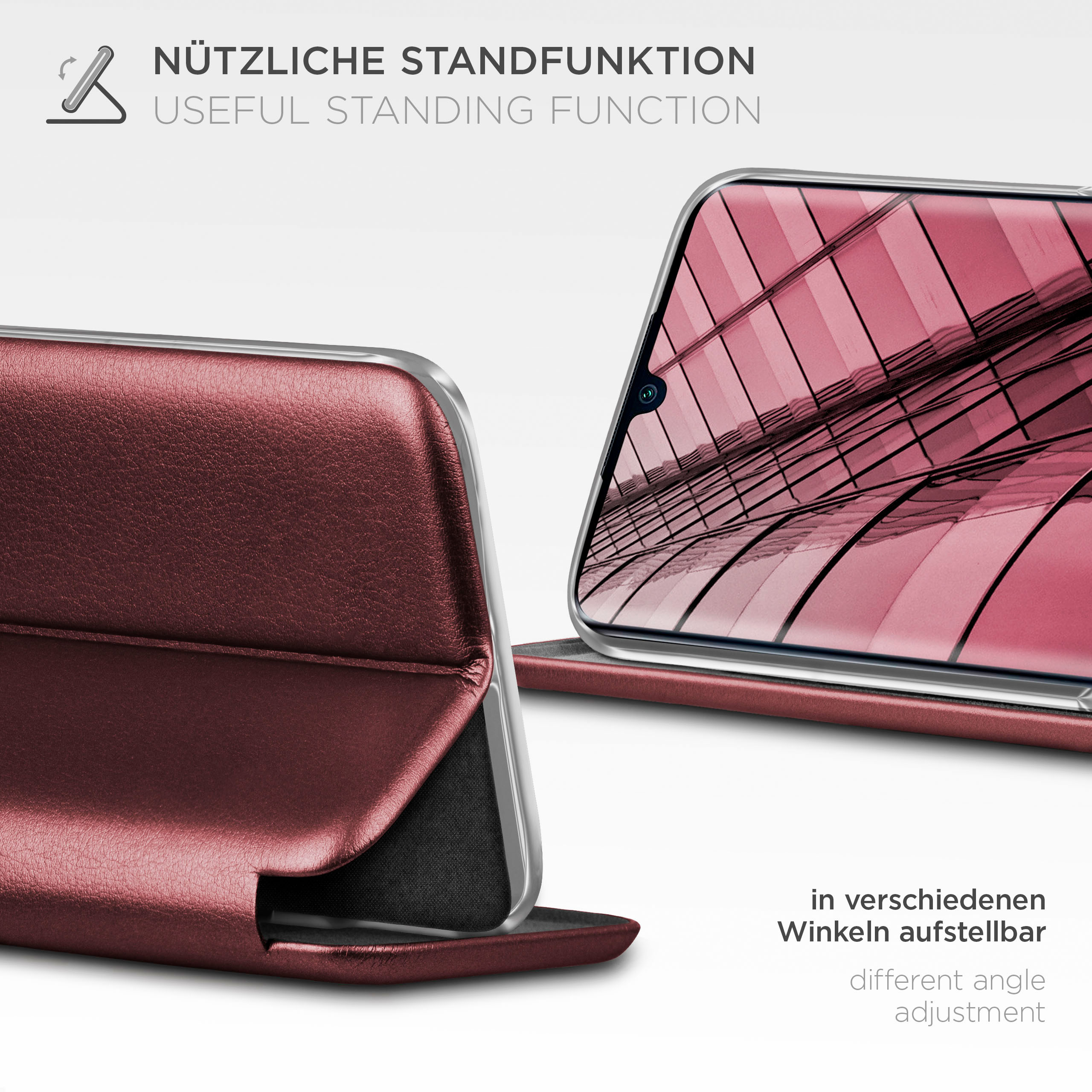 Burgunderfarbenes Handy-Case; Handy-Bildschirm sichtbar; Standfunktion. Hintergrund: weiß. Text: Nützliche Standfunktion.