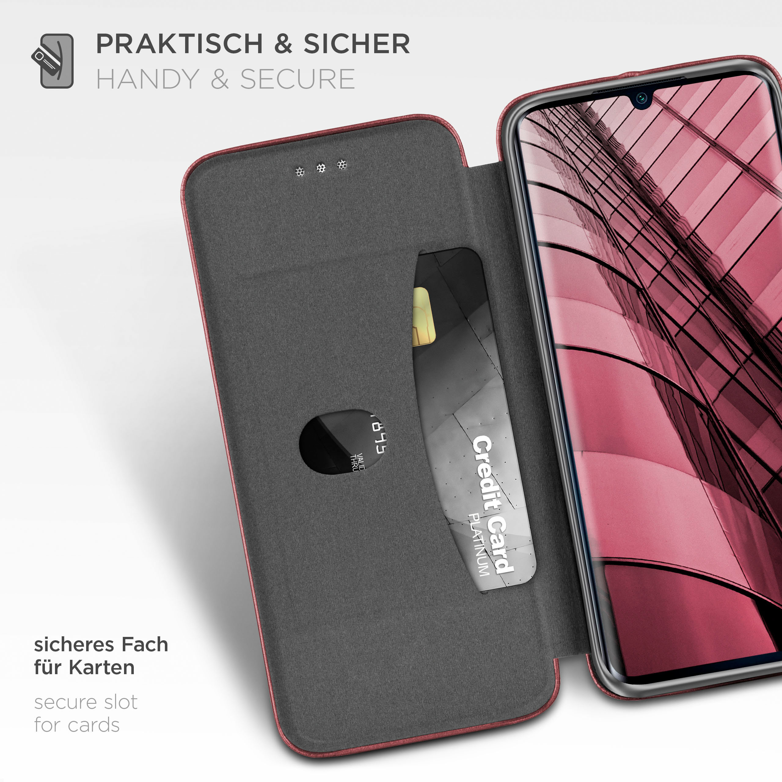 Handyhülle mit Kreditkartenfach. Das Telefon ist im Inneren der Hülle sichtbar. Die Hülle ist sicher und handlich.