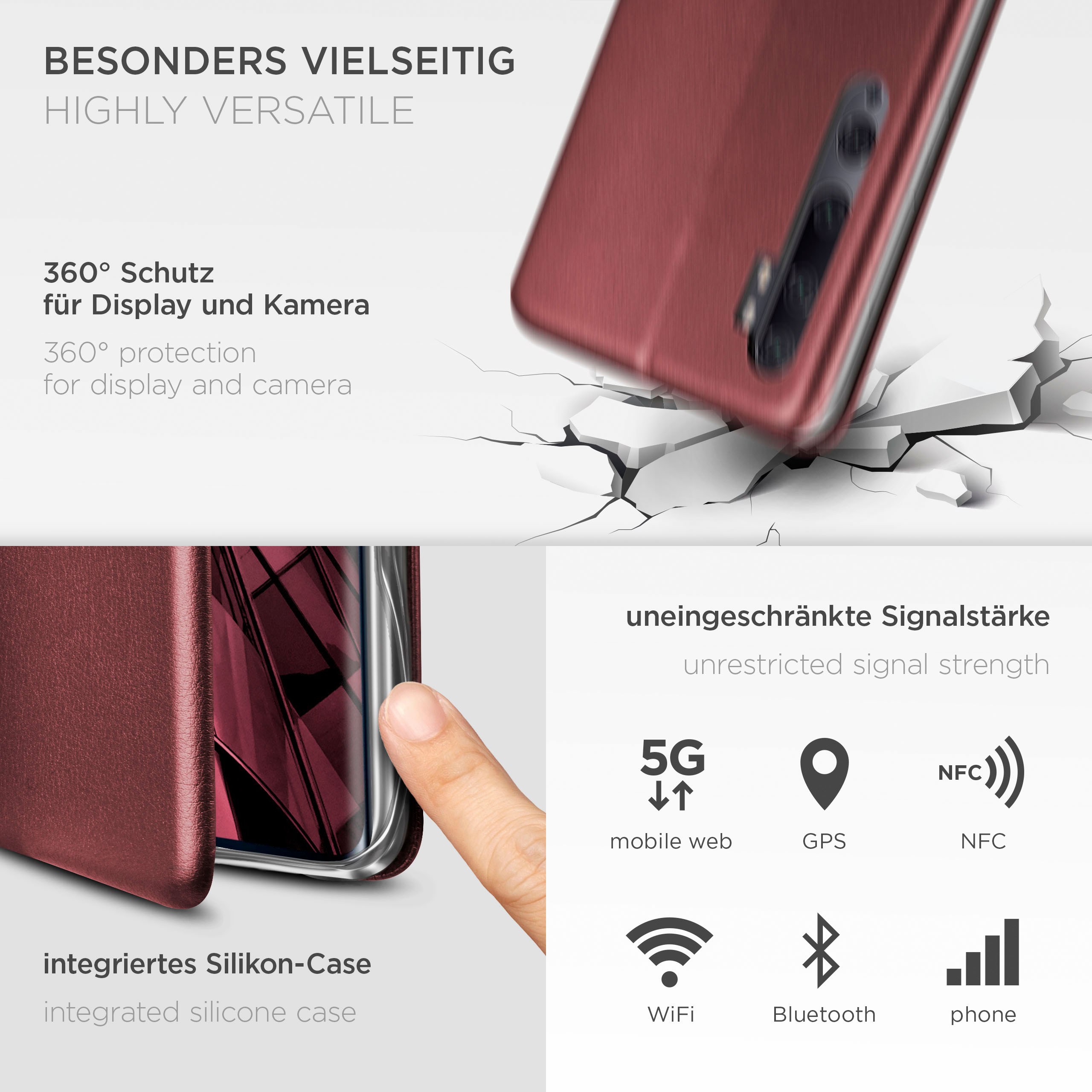 Handyhülle mit Telefon, zeigt 5G, GPS, WiFi, Bluetooth und NFC Icons.