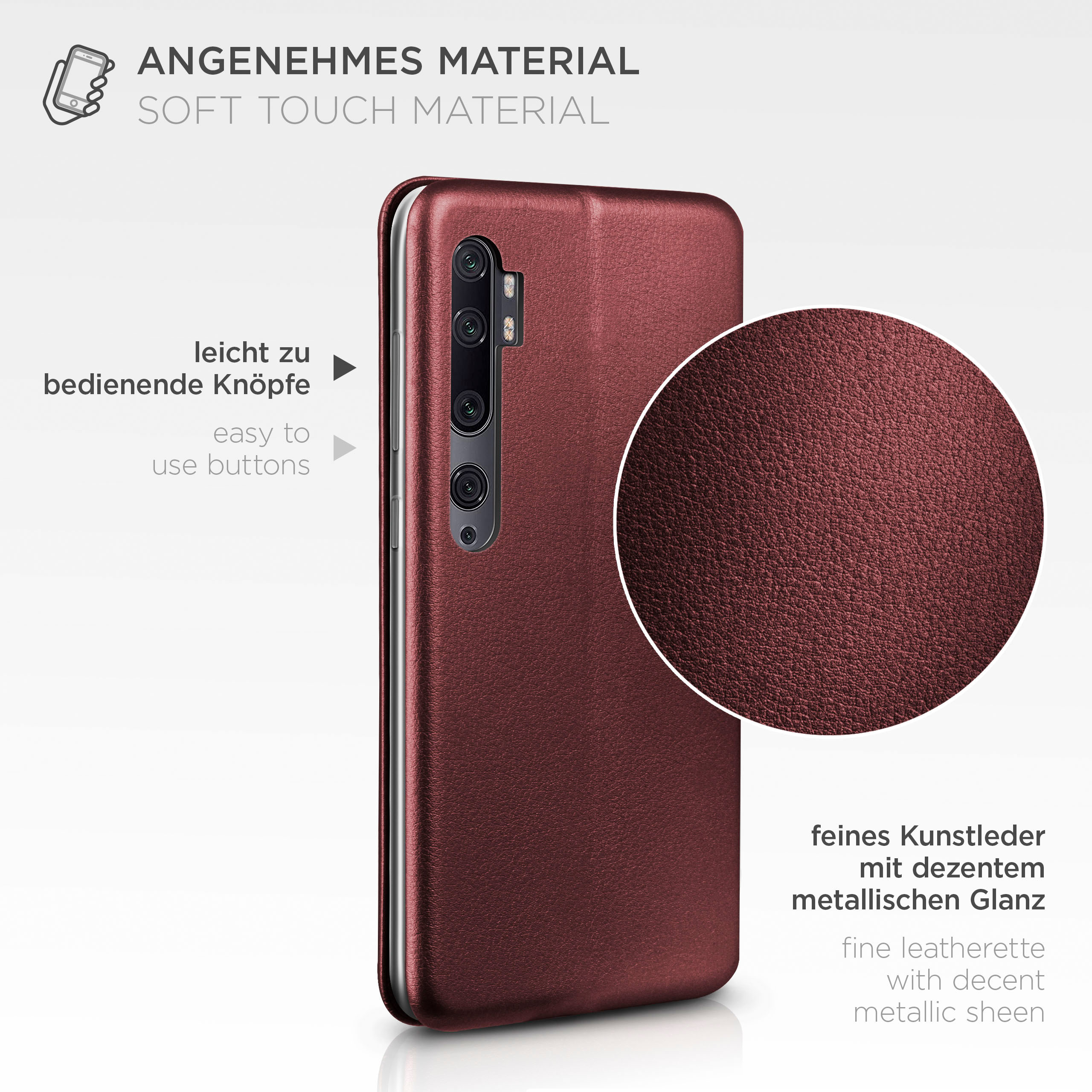 Eine weinrote Leder-Handyhülle mit benutzerfreundlichen Knöpfen und metallischem Glanz. Details werden hervorgehoben.
