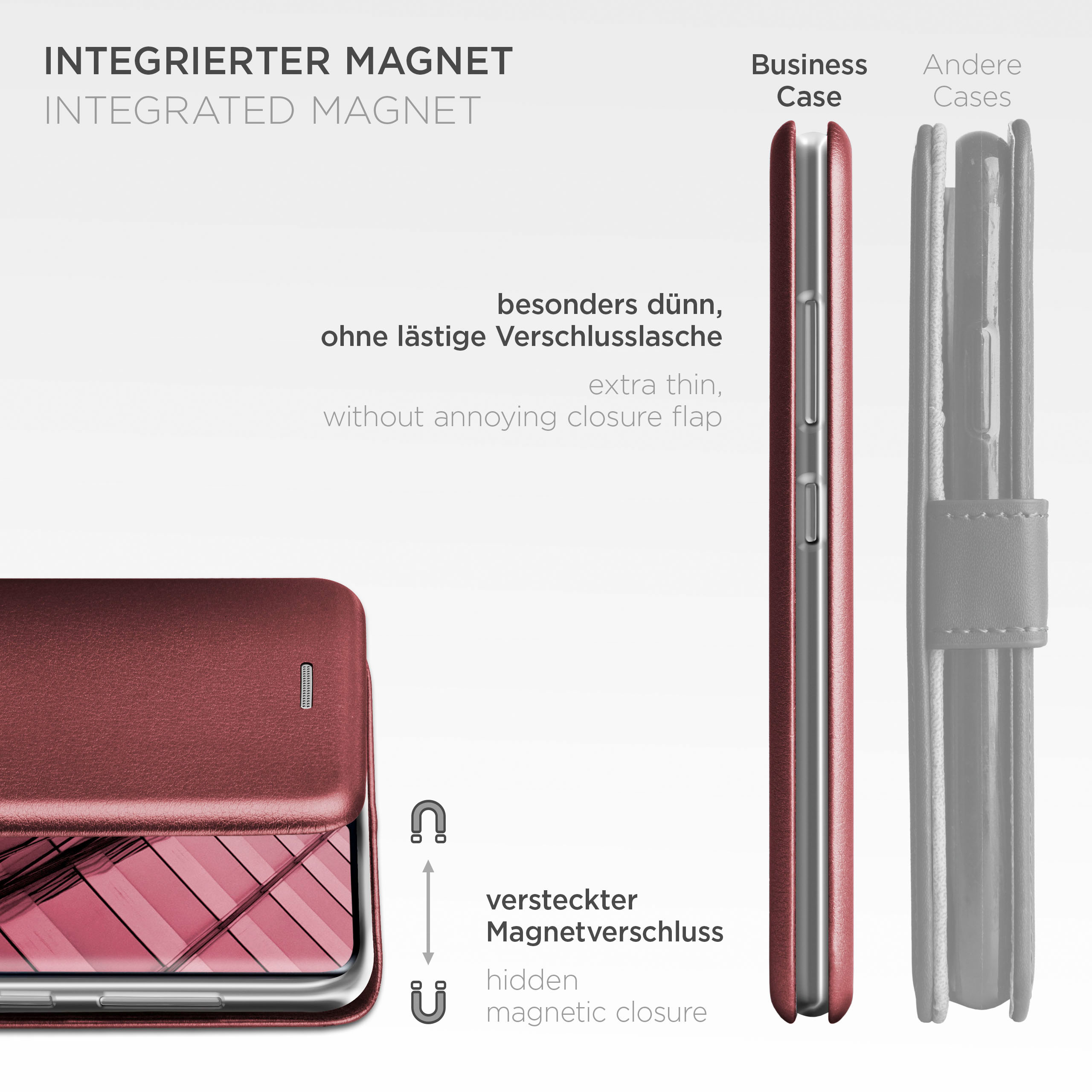 Rote Handyhülle mit integriertem Magneten. Seitenansicht und offene Ansicht. Text beschreibt das dünne Design.