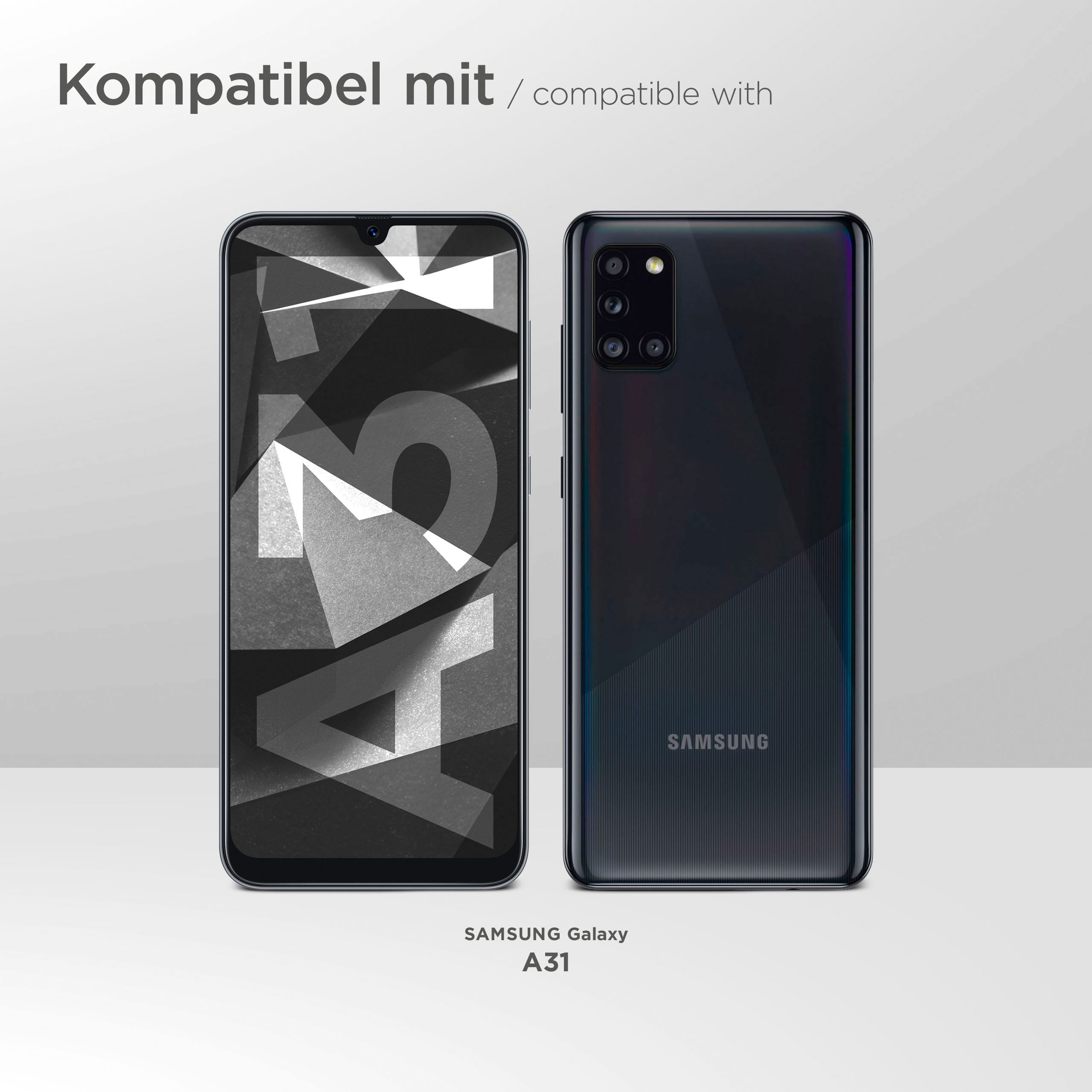 Zwei Telefone werden gezeigt, eines mit einem Schwarz-Weiß-Design auf dem Bildschirm. Das andere hat eine schwarze Rückseite mit Kamera.
